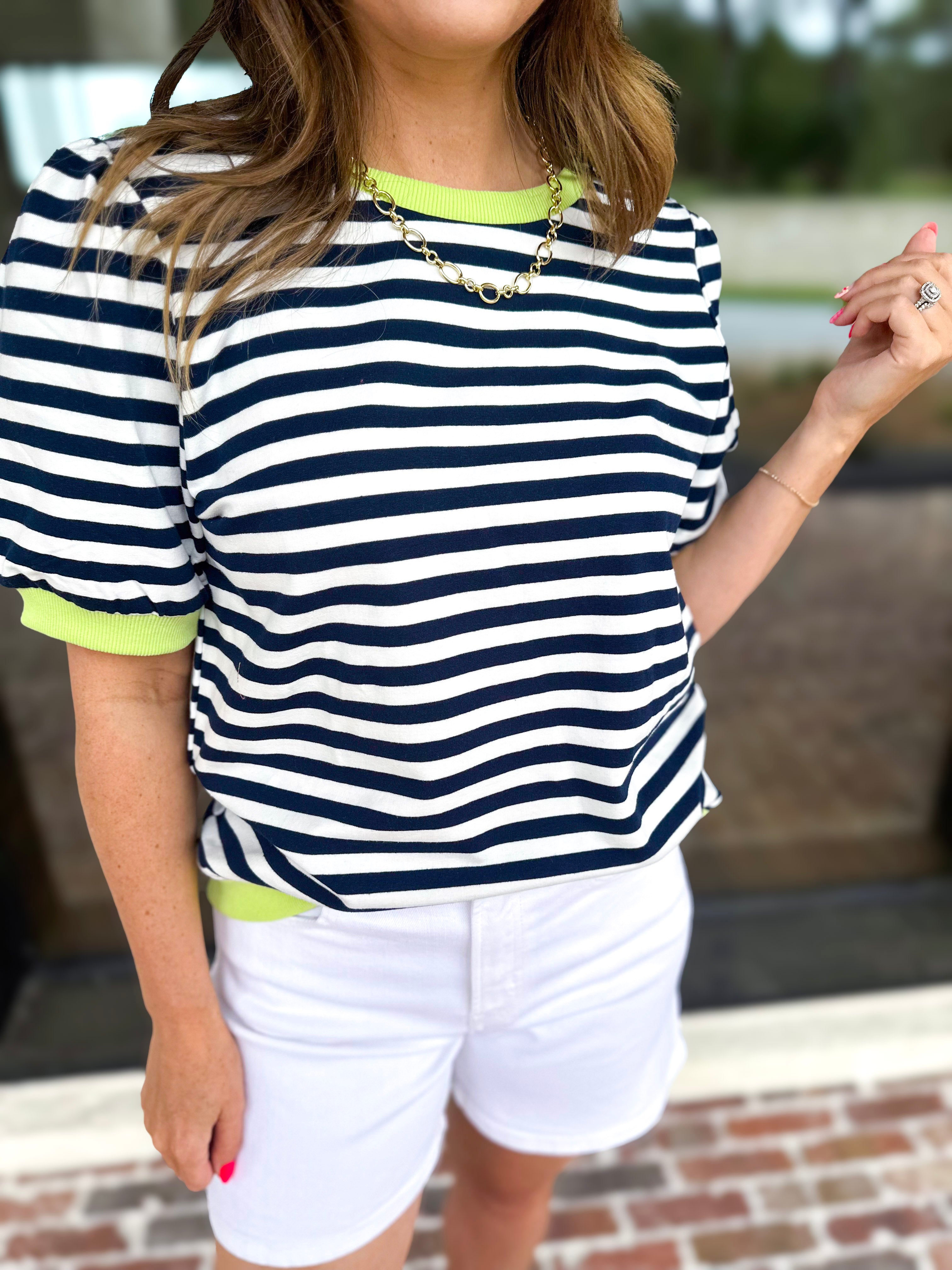 Navy & Lime Stripe Tee-210 Casual Blouses-JODIFL-July & June Women's Fashion Boutique Located in San Antonio, Texas
