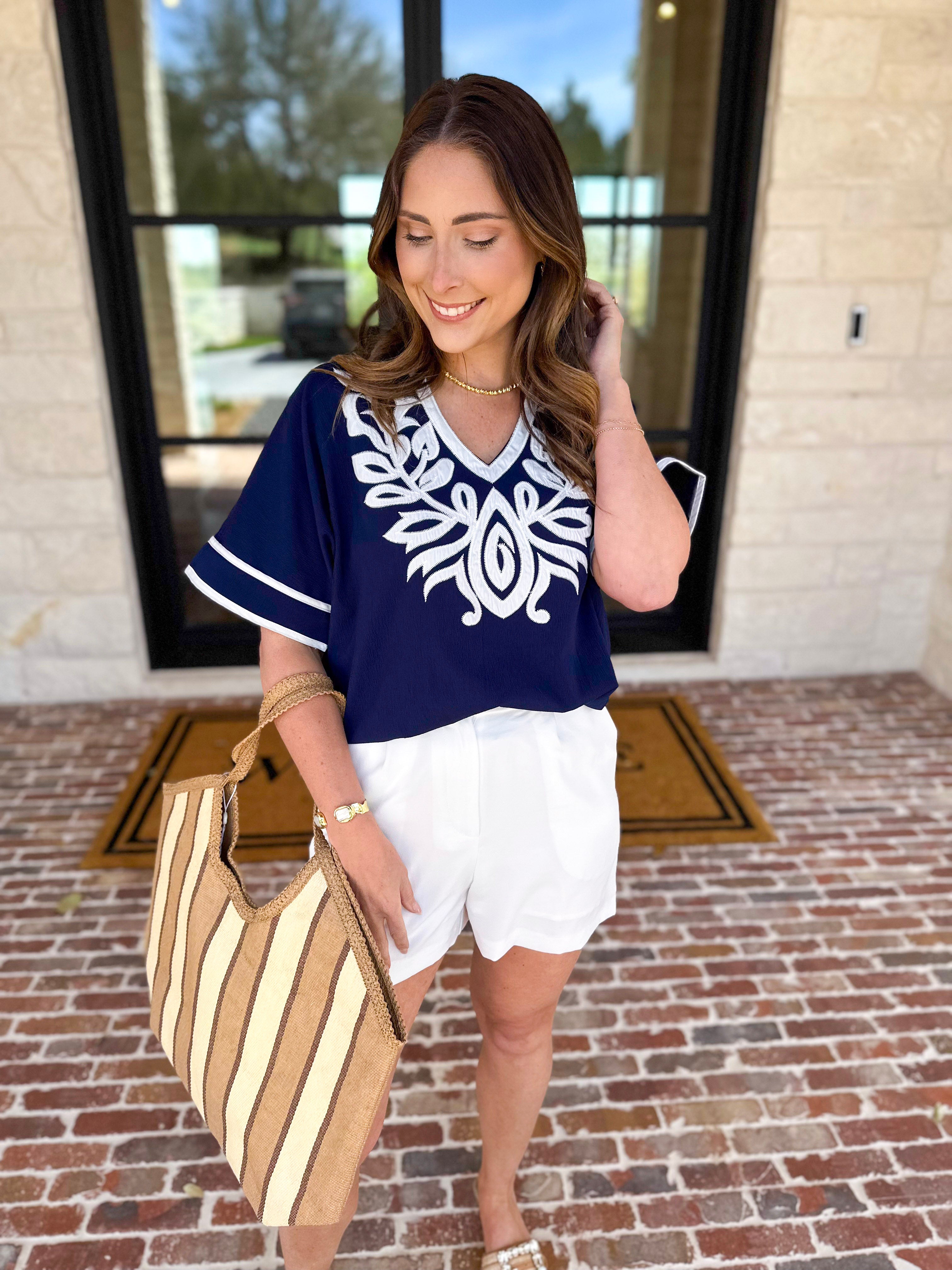 City Strolls Embroidered Blouse - Navy-200 Fashion Blouses-JODIFL-July & June Women's Fashion Boutique Located in San Antonio, Texas