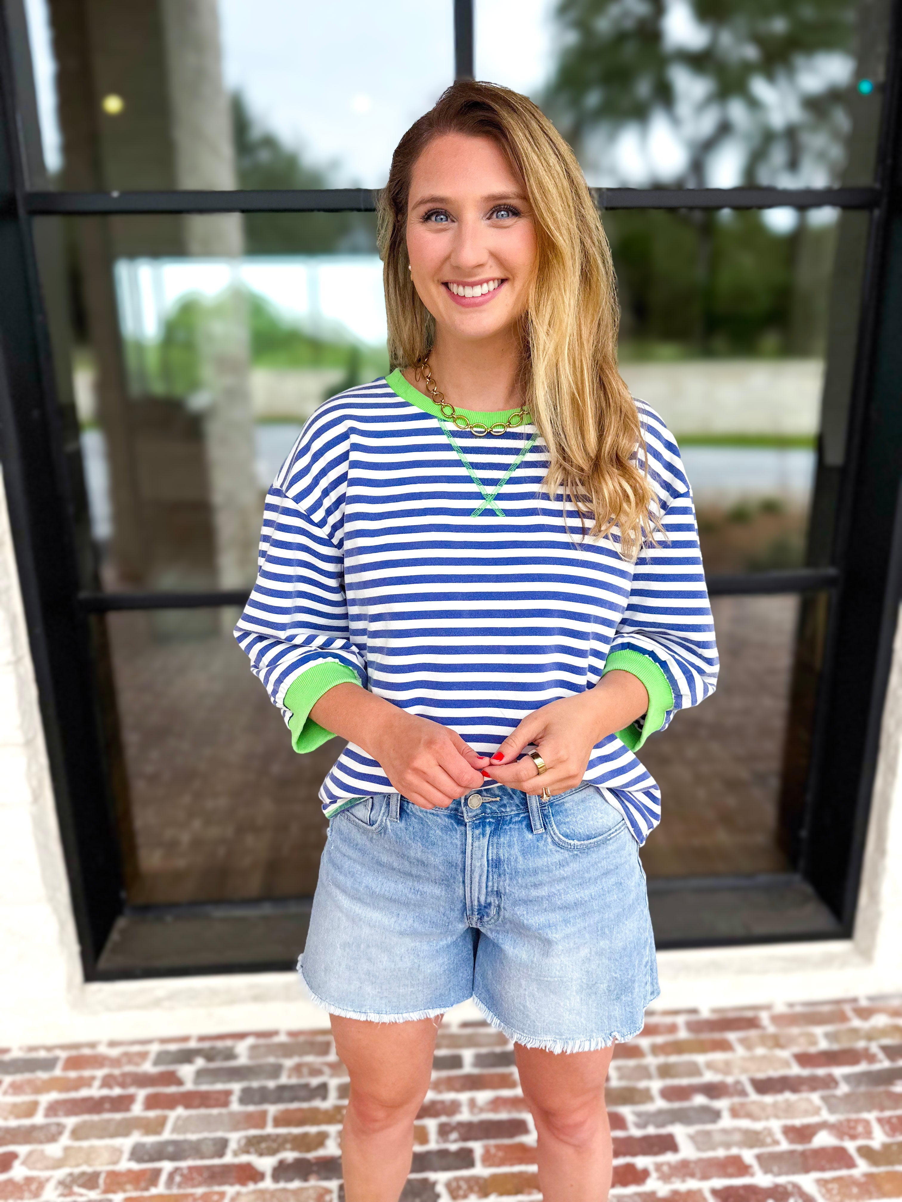 Royal Stripe Tee-210 Casual Blouses-JODIFL-July & June Women's Fashion Boutique Located in San Antonio, Texas