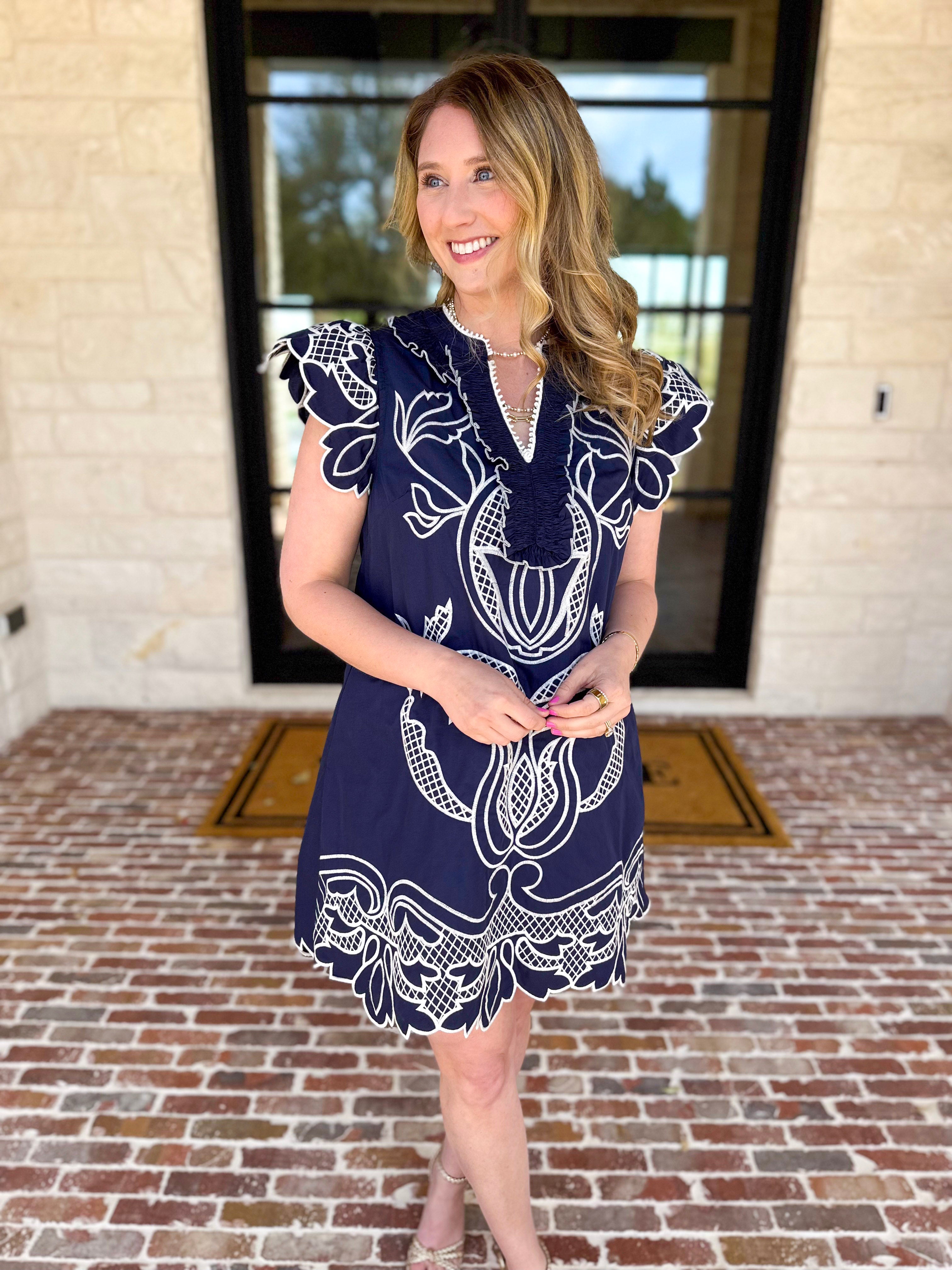 Bloom Embroidered Mini Dress - Navy-510 Mini-ENTRO-July & June Women's Fashion Boutique Located in San Antonio, Texas