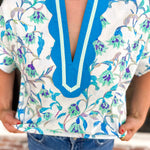 The Maisie Floral Scalloped Blouse - Blue & Ivory-200 Fashion Blouses-ENTRO-July & June Women's Fashion Boutique Located in San Antonio, Texas