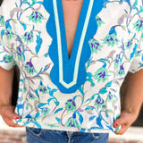 The Maisie Floral Scalloped Blouse - Blue & Ivory-200 Fashion Blouses-ENTRO-July & June Women's Fashion Boutique Located in San Antonio, Texas