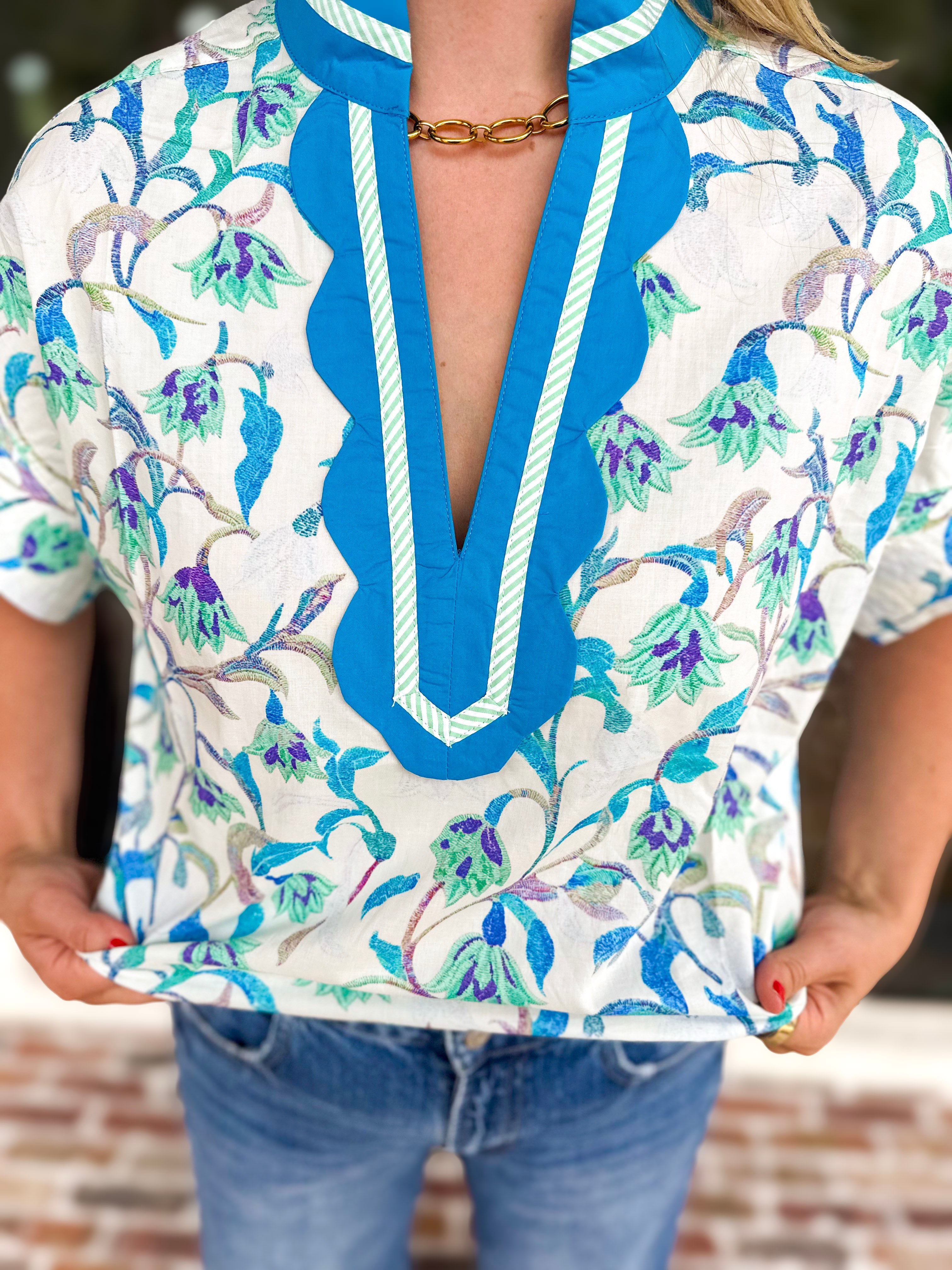 The Maisie Floral Scalloped Blouse - Blue & Ivory-200 Fashion Blouses-ENTRO-July & June Women's Fashion Boutique Located in San Antonio, Texas