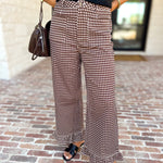 Gingham Ruffle Trim Pants - Brown-400 Pants-ENTRO-July & June Women's Fashion Boutique Located in San Antonio, Texas