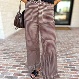 Gingham Ruffle Trim Pants - Brown-400 Pants-ENTRO-July & June Women's Fashion Boutique Located in San Antonio, Texas