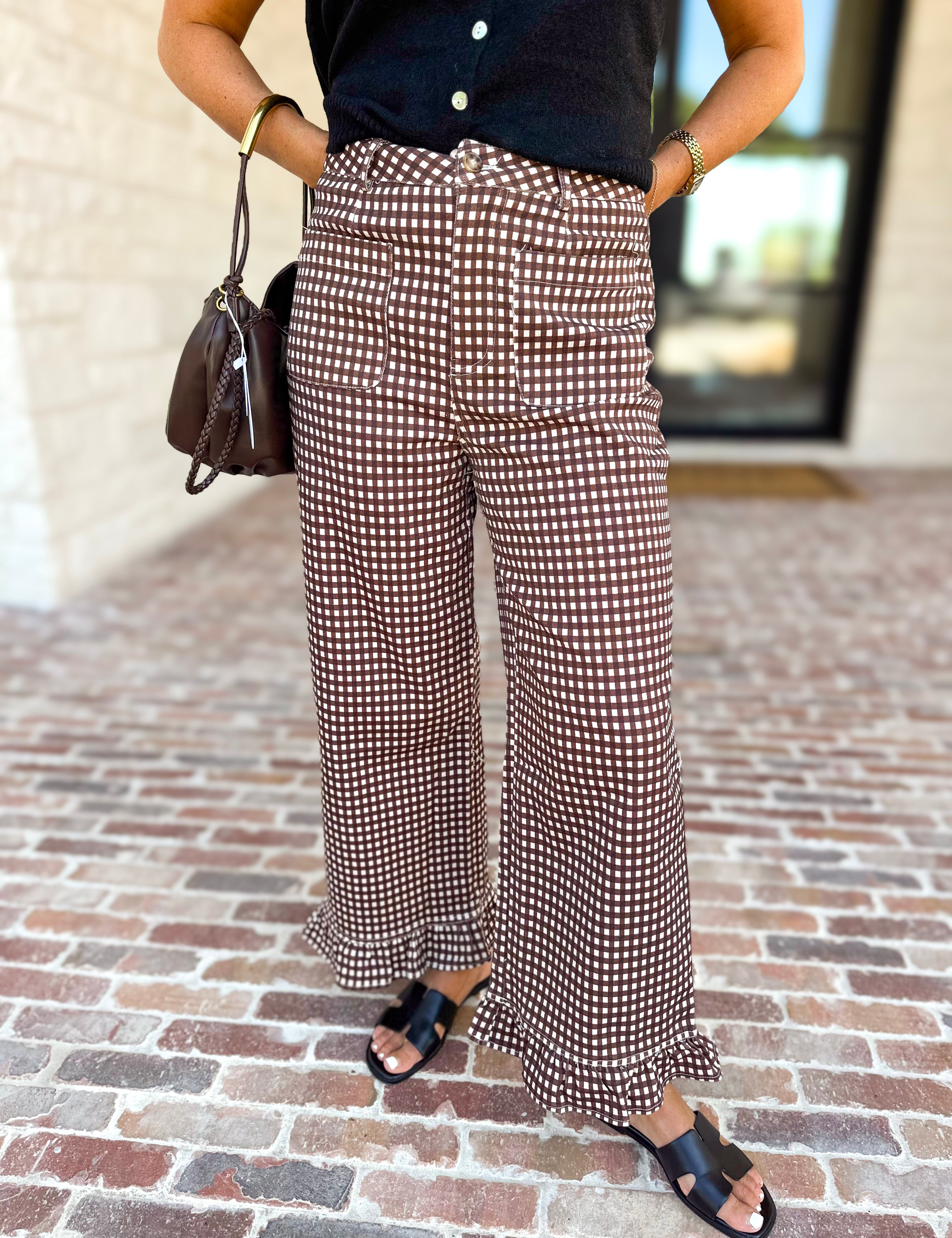 Gingham Ruffle Trim Pants - Brown-400 Pants-ENTRO-July & June Women's Fashion Boutique Located in San Antonio, Texas