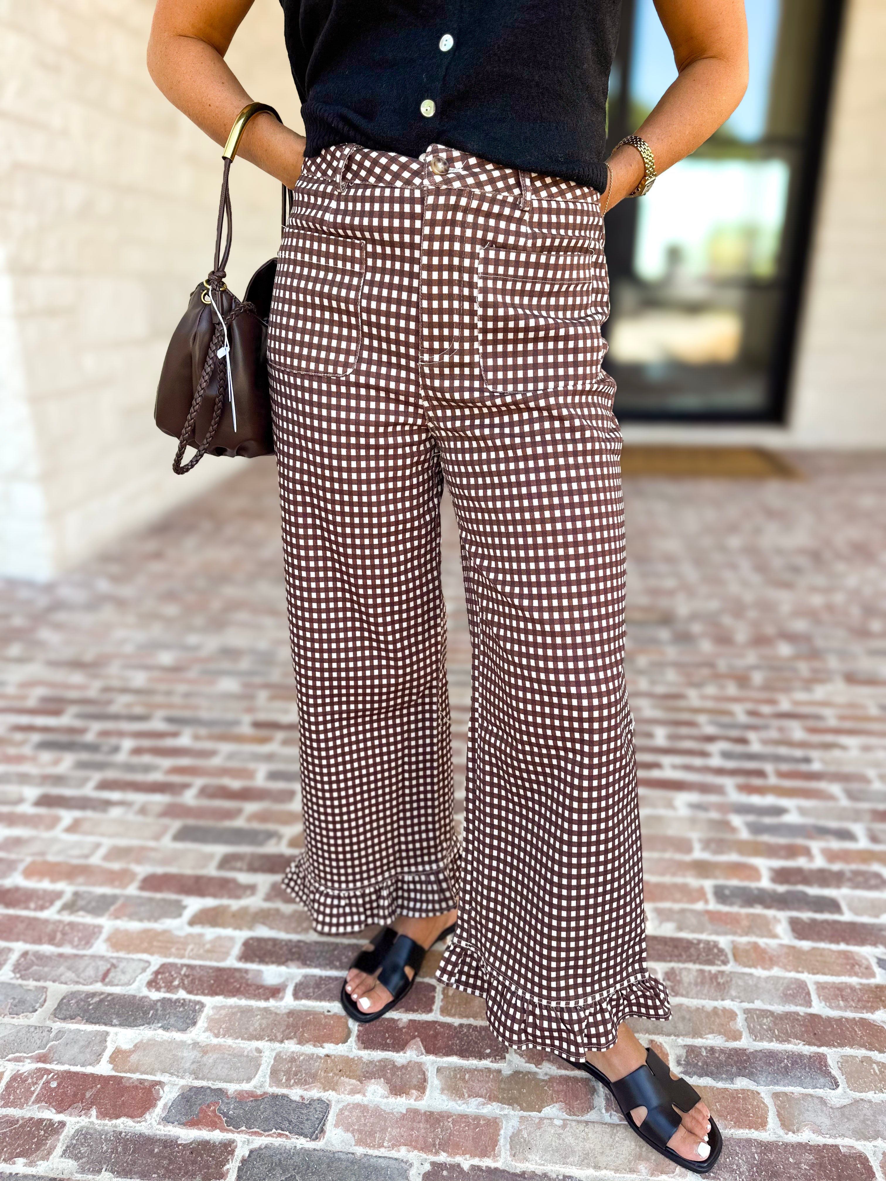 Gingham Ruffle Trim Pants - Brown-400 Pants-ENTRO-July & June Women's Fashion Boutique Located in San Antonio, Texas