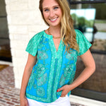 Current Air - Blue Tide Floral Blouse-200 Fashion Blouses-CURRENT AIR CLOTHING-July & June Women's Fashion Boutique Located in San Antonio, Texas