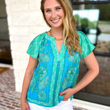 Current Air - Blue Tide Floral Blouse-200 Fashion Blouses-CURRENT AIR CLOTHING-July & June Women's Fashion Boutique Located in San Antonio, Texas