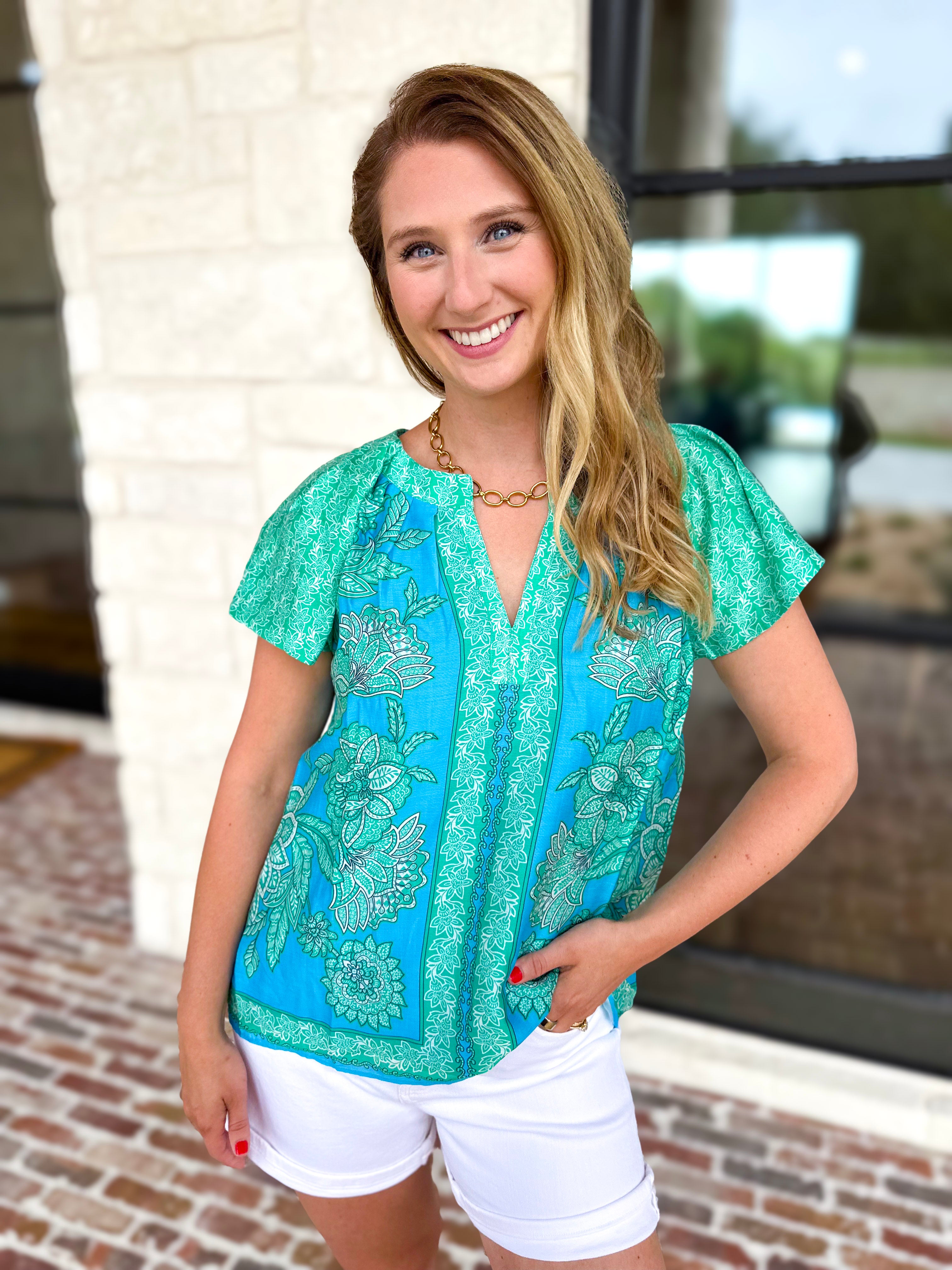 Current Air - Blue Tide Floral Blouse-200 Fashion Blouses-CURRENT AIR CLOTHING-July & June Women's Fashion Boutique Located in San Antonio, Texas