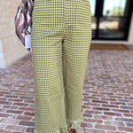 Gingham Ruffle Trim Pants - Olive-400 Pants-ENTRO-July & June Women's Fashion Boutique Located in San Antonio, Texas