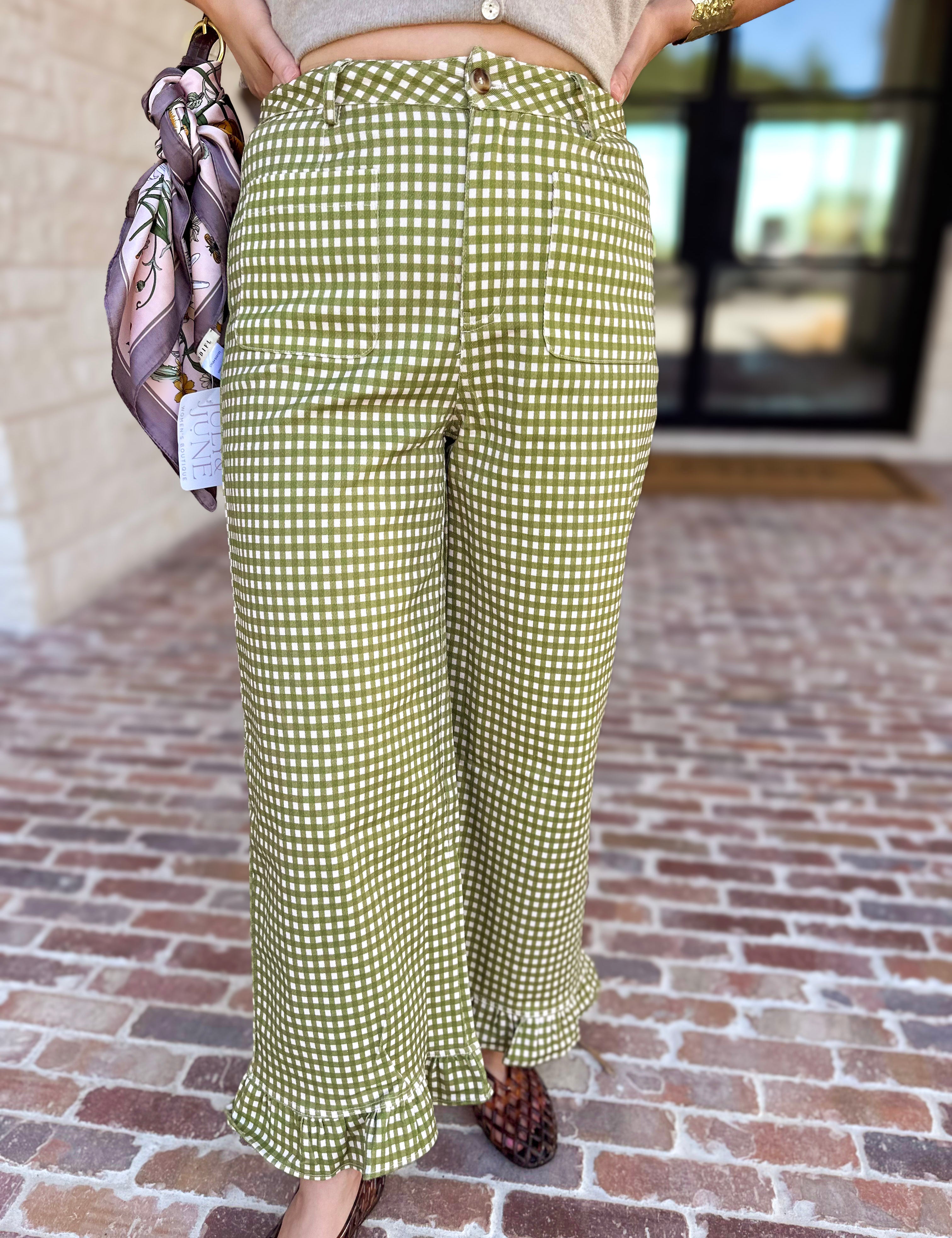 Gingham Ruffle Trim Pants - Olive-400 Pants-ENTRO-July & June Women's Fashion Boutique Located in San Antonio, Texas