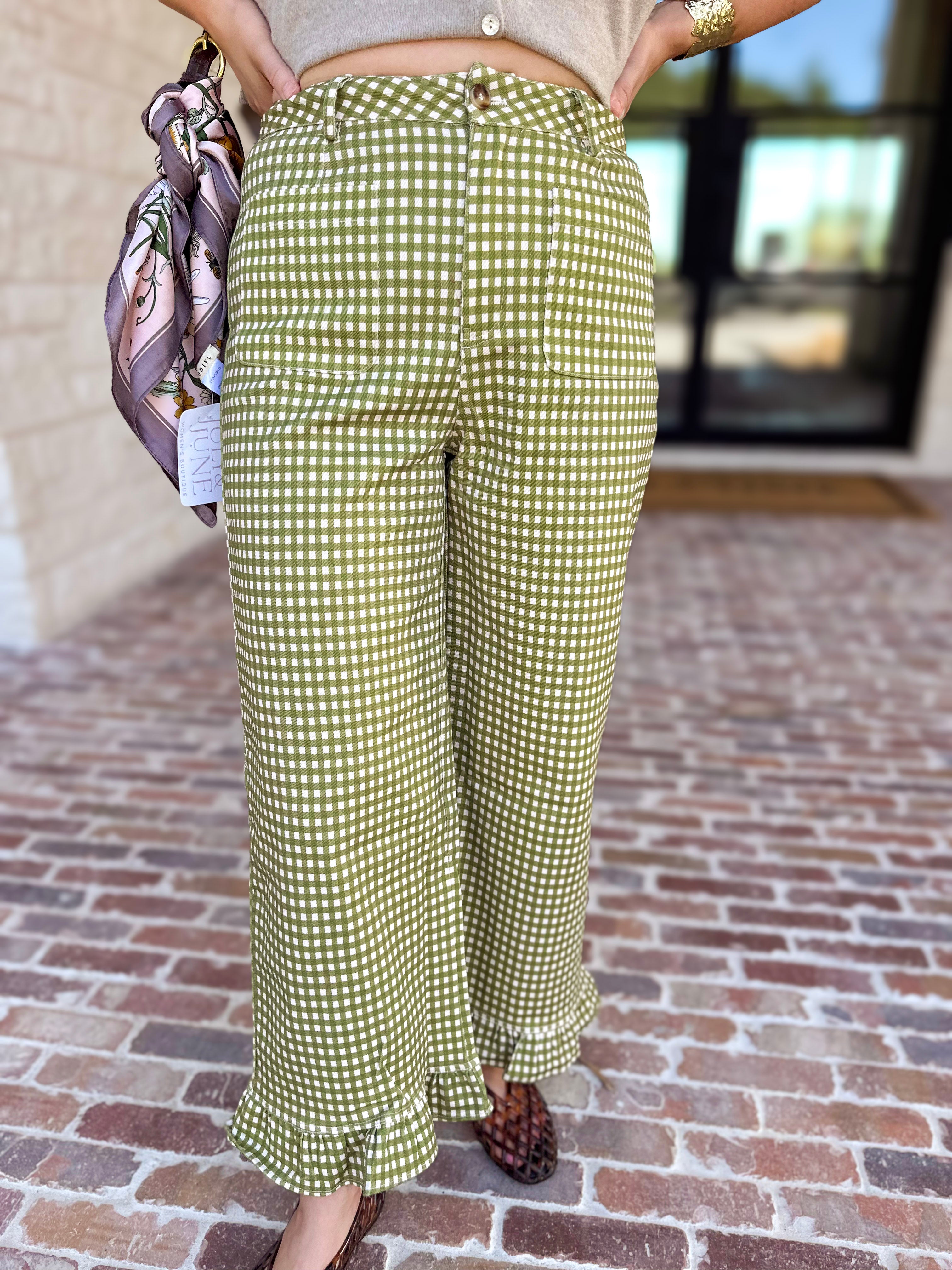 Gingham Ruffle Trim Pants - Olive-400 Pants-ENTRO-July & June Women's Fashion Boutique Located in San Antonio, Texas