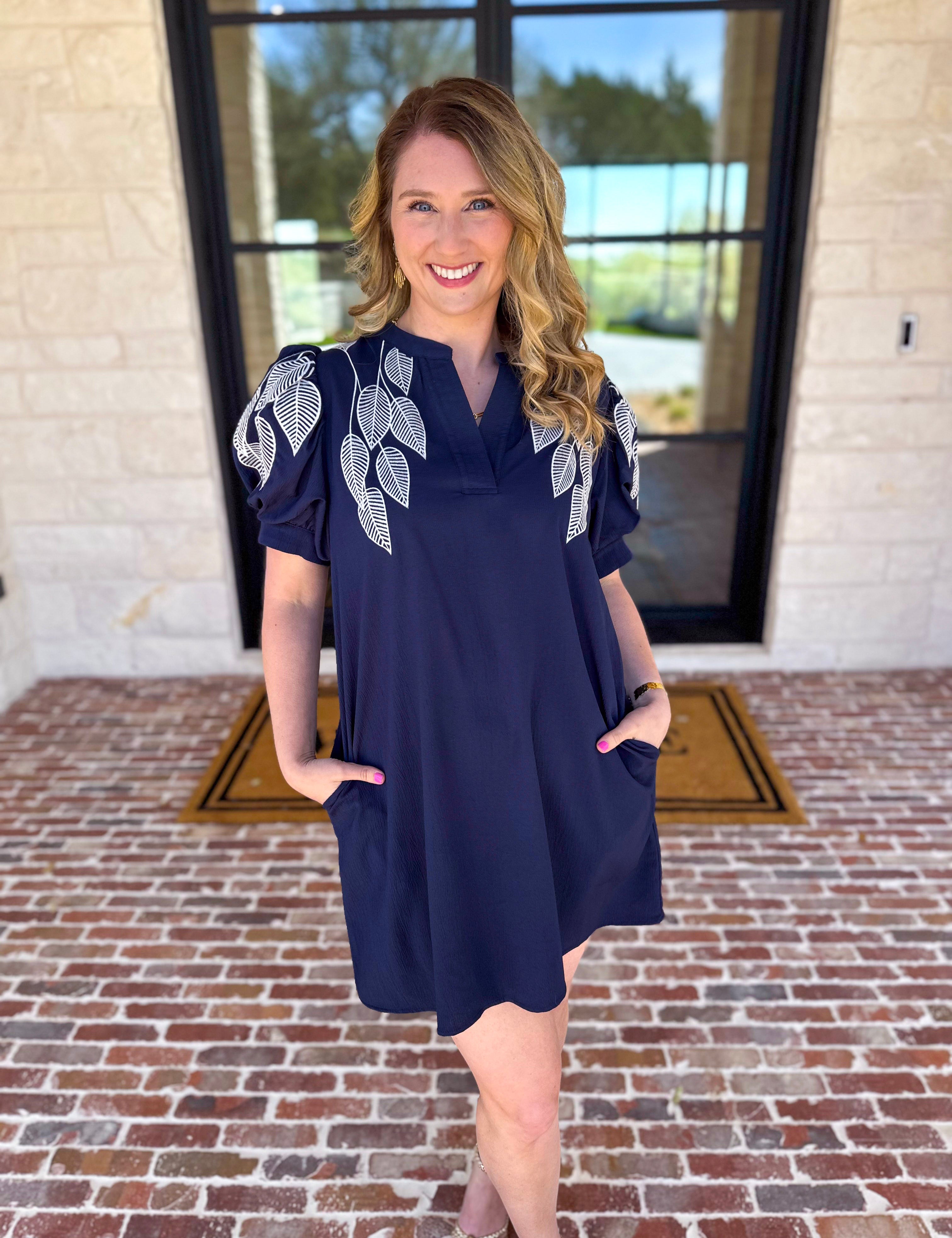 The Coastal Embroidered Mini Dress - Navy-510 Mini-JODIFL-July & June Women's Fashion Boutique Located in San Antonio, Texas