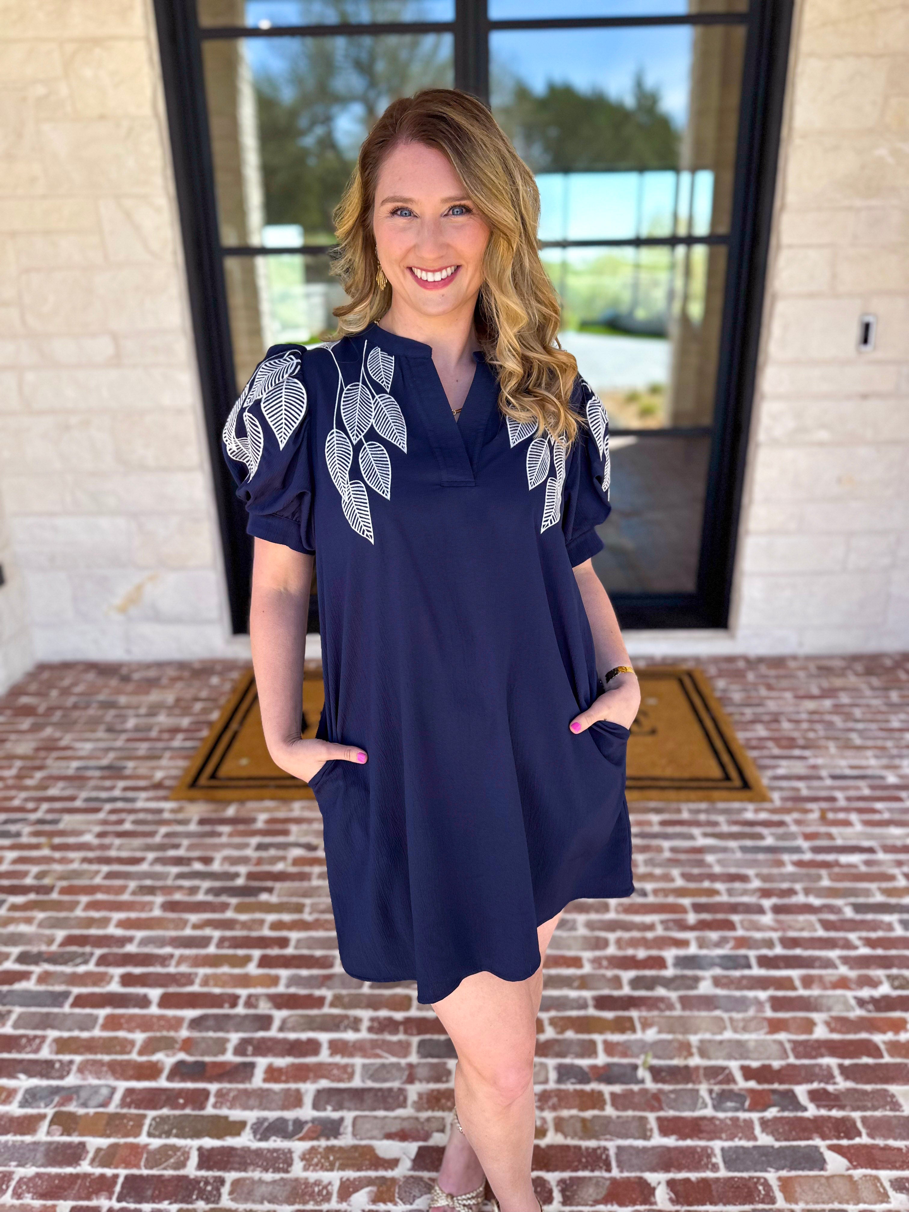 The Coastal Embroidered Mini Dress - Navy-510 Mini-JODIFL-July & June Women's Fashion Boutique Located in San Antonio, Texas