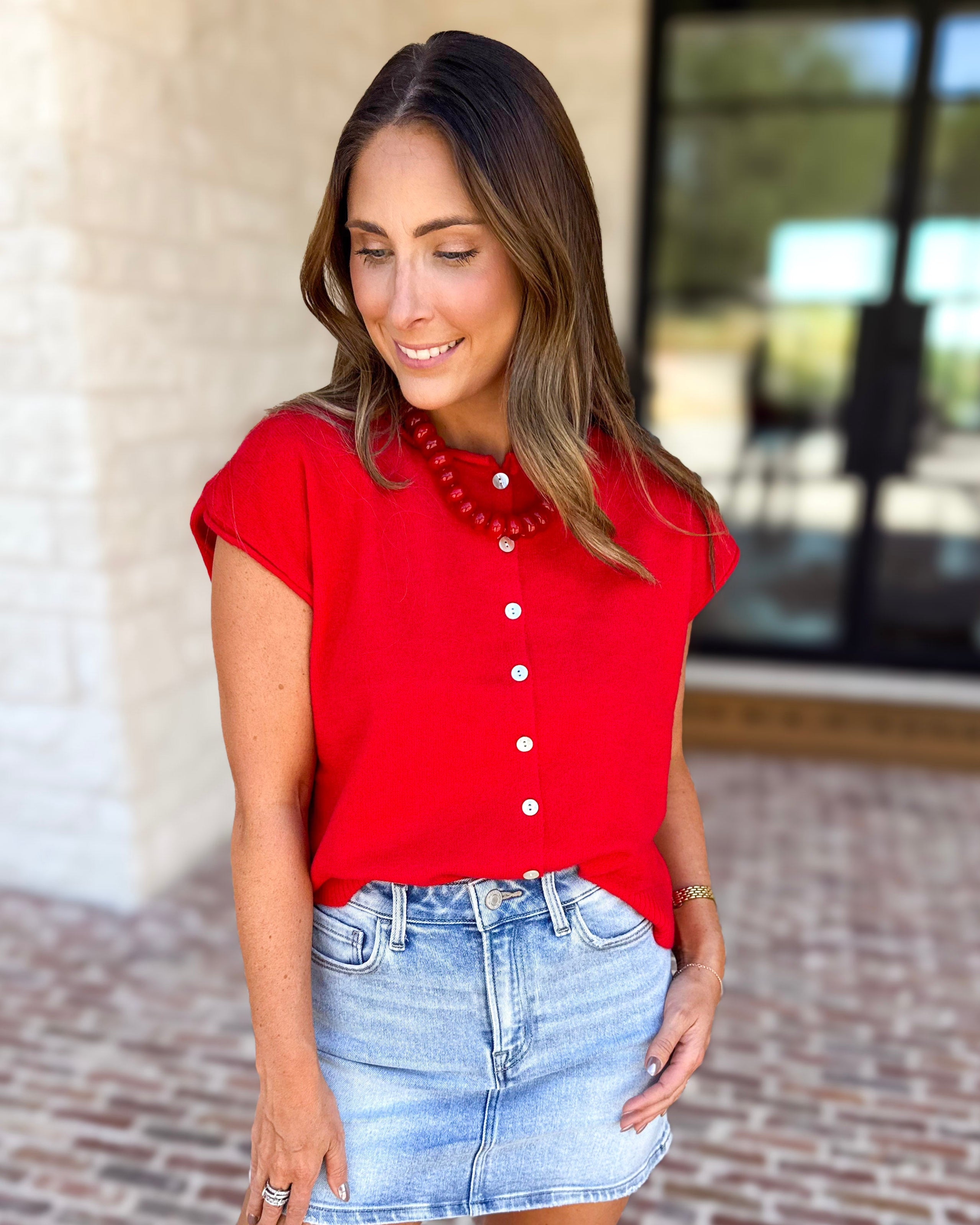 Short Sleeve Everyday Cardigan - Red-230 Sweaters/Cardis-DOUBLE ZERO-July & June Women's Fashion Boutique Located in San Antonio, Texas