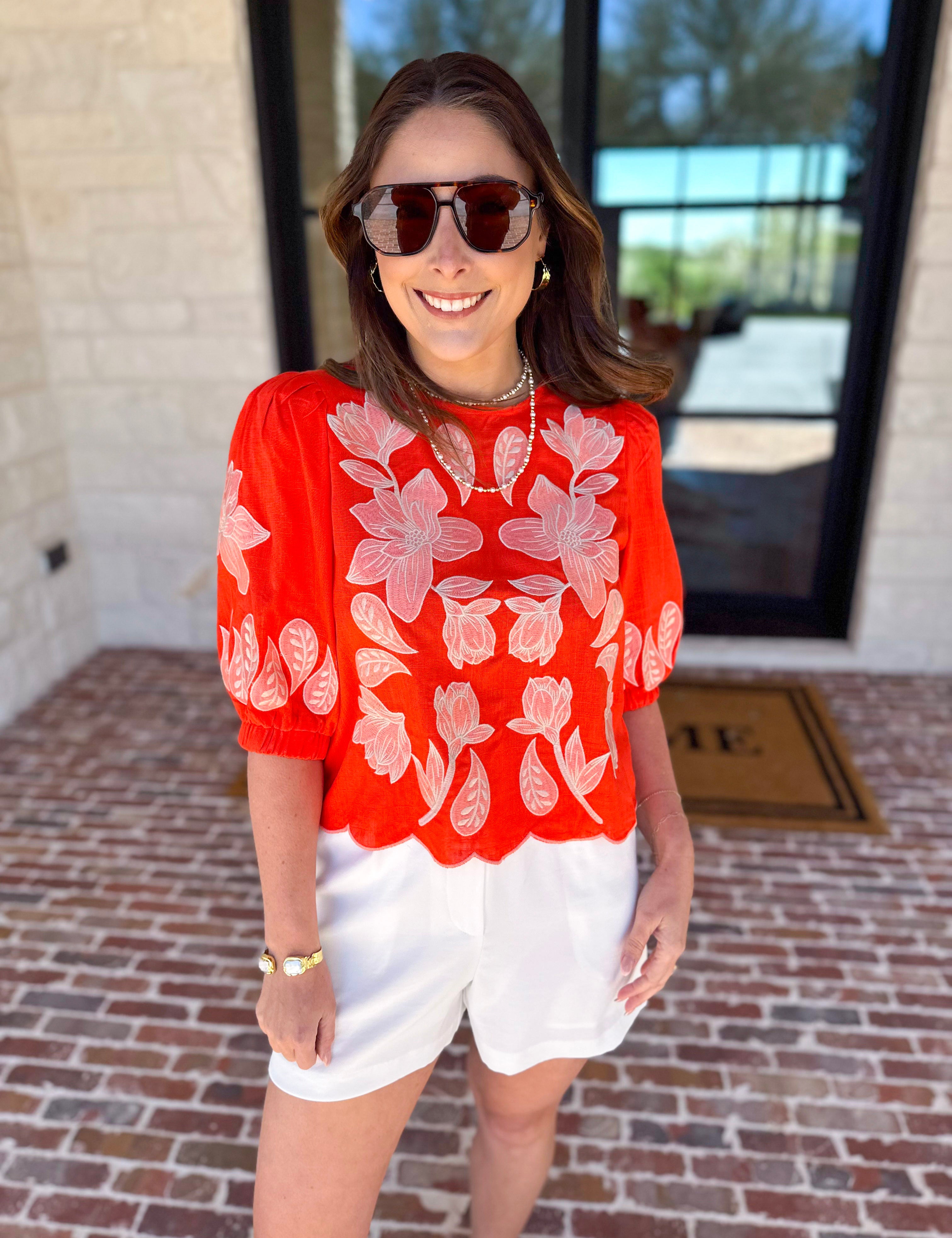 THML - Bold Orange Embroidered Blouse-200 Fashion Blouses-THML-July & June Women's Fashion Boutique Located in San Antonio, Texas