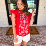 Tomato Red Embroidered Blouse-200 Fashion Blouses-FATE-July & June Women's Fashion Boutique Located in San Antonio, Texas