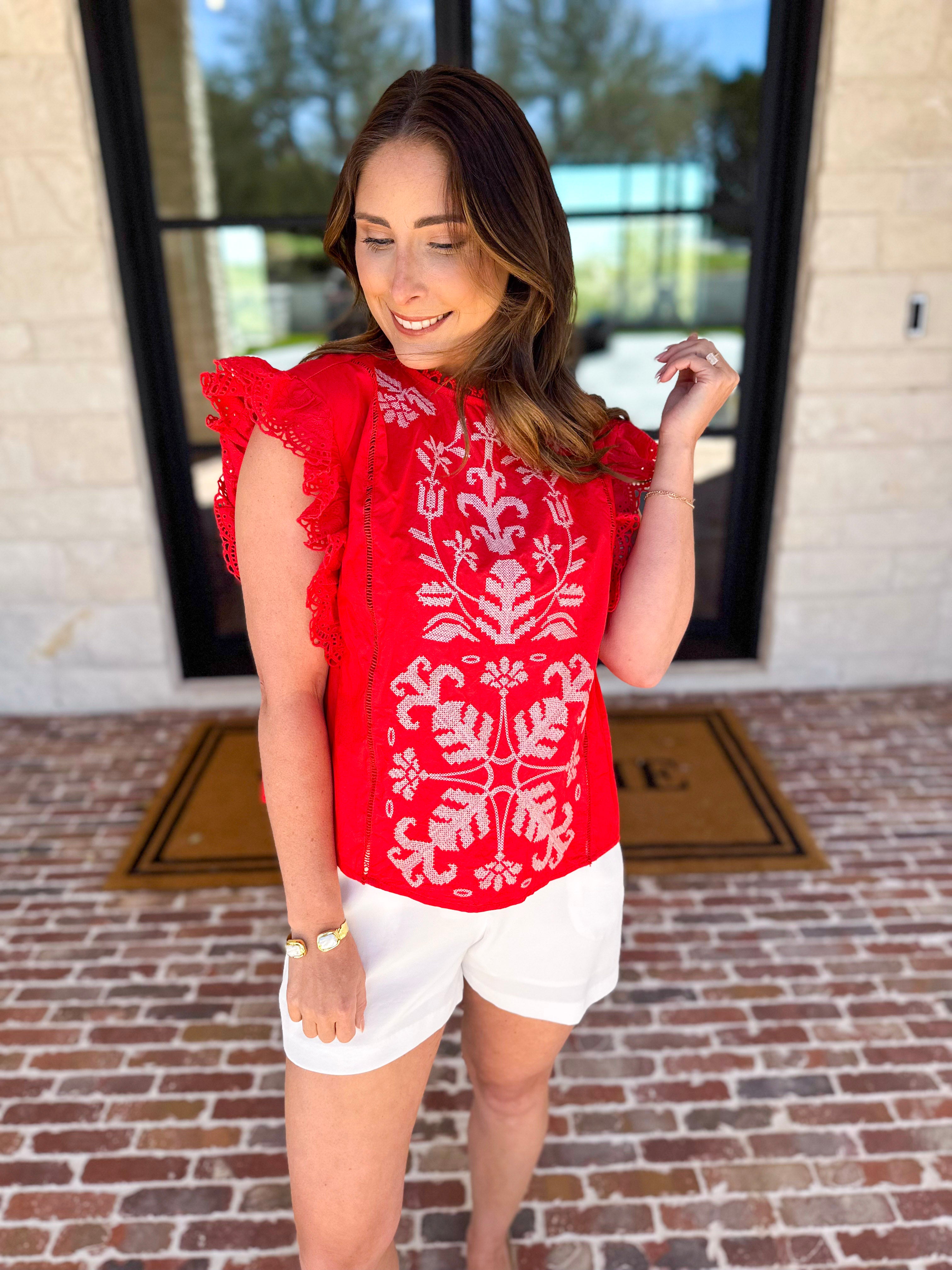 Tomato Red Embroidered Blouse-200 Fashion Blouses-FATE-July & June Women's Fashion Boutique Located in San Antonio, Texas