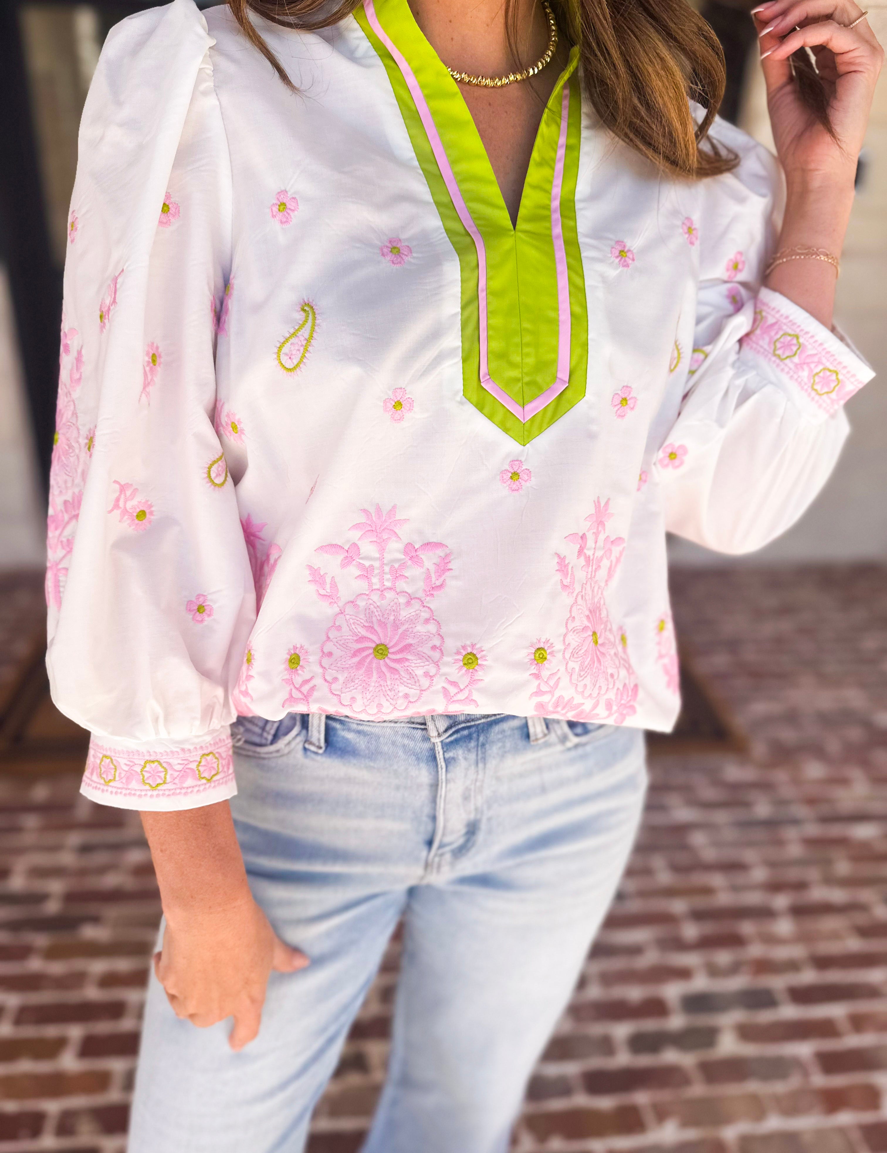 Matcha & Pink Embroidered Blouse-200 Fashion Blouses-ENTRO-July & June Women's Fashion Boutique Located in San Antonio, Texas