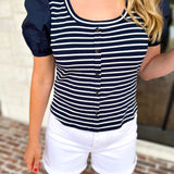 Navy Stripe Knit Tee-200 Fashion Blouses-SKIES ARE BLUE-July & June Women's Fashion Boutique Located in San Antonio, Texas