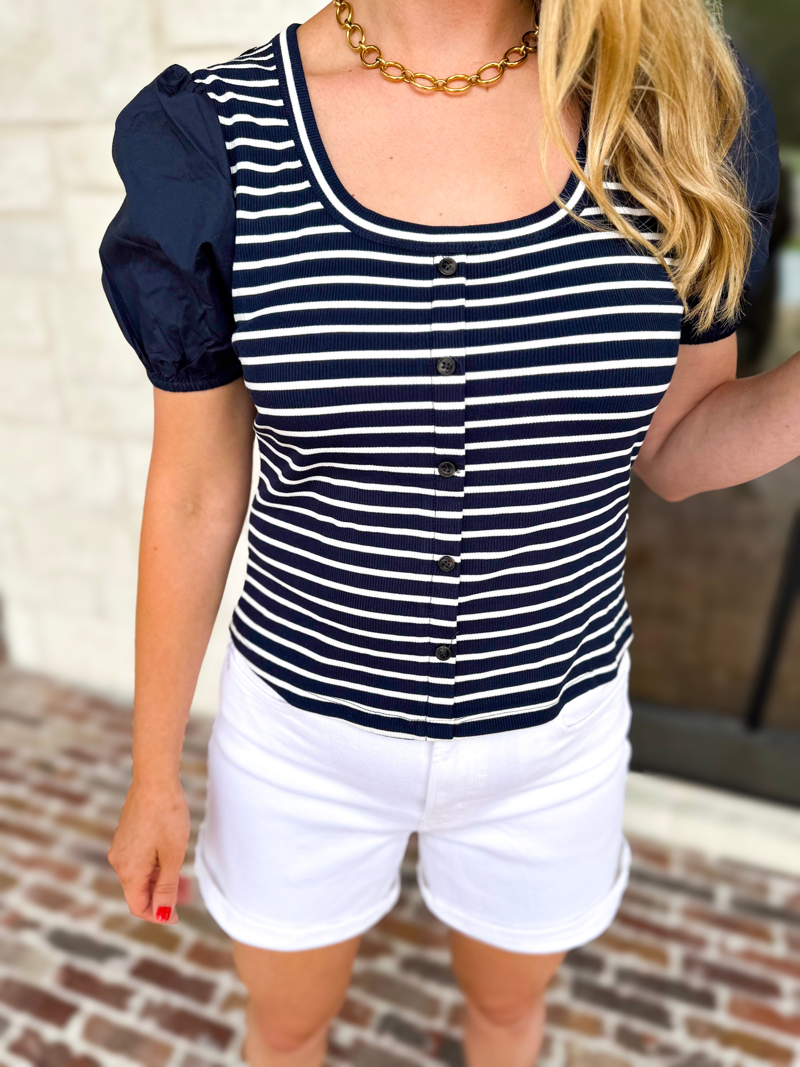 Navy Stripe Knit Tee-200 Fashion Blouses-SKIES ARE BLUE-July & June Women's Fashion Boutique Located in San Antonio, Texas