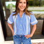Crochet Blue Pinstripe Blouse-200 Fashion Blouses-JODIFL-July & June Women's Fashion Boutique Located in San Antonio, Texas