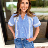 Crochet Blue Pinstripe Blouse-200 Fashion Blouses-JODIFL-July & June Women's Fashion Boutique Located in San Antonio, Texas