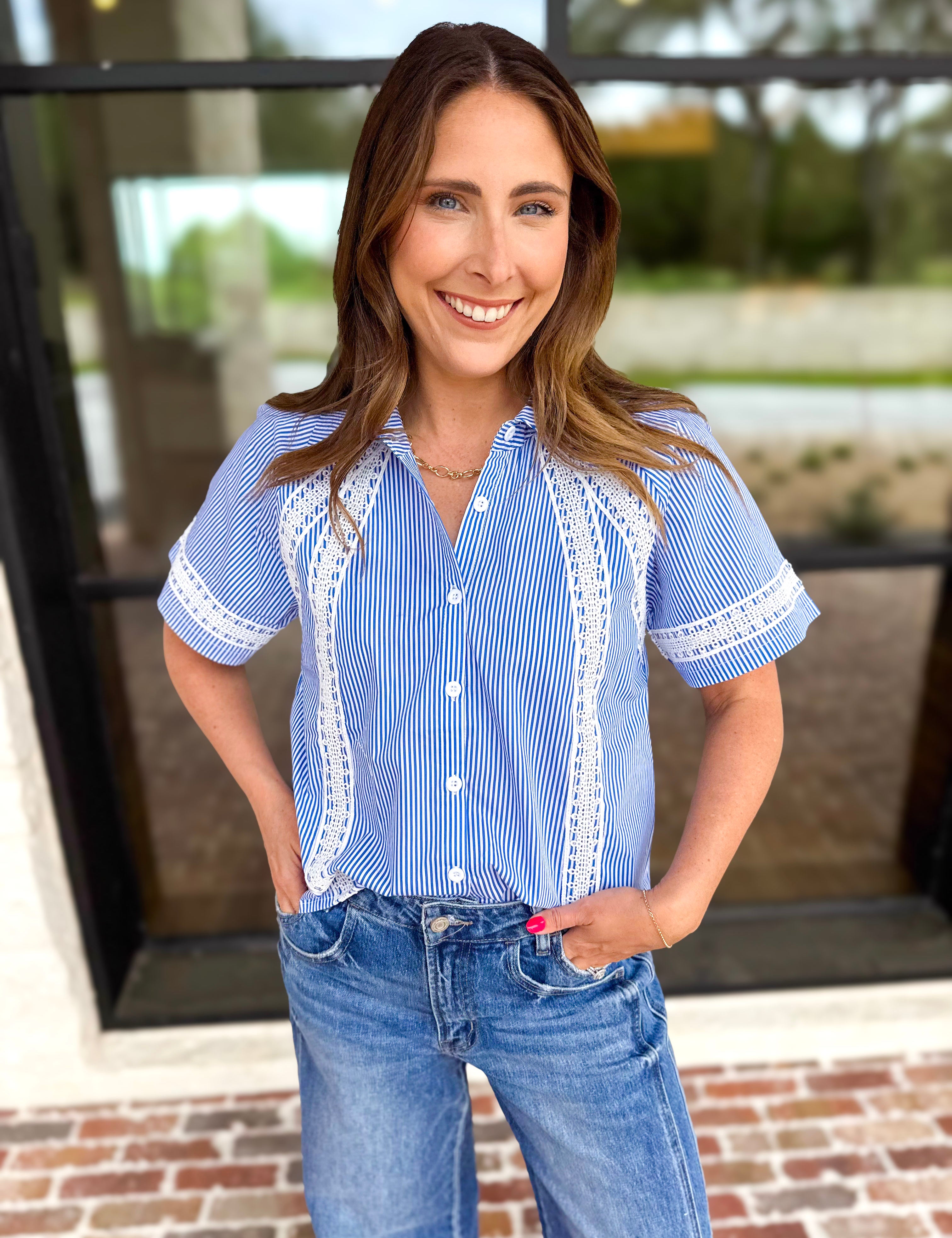 Crochet Blue Pinstripe Blouse-200 Fashion Blouses-JODIFL-July & June Women's Fashion Boutique Located in San Antonio, Texas