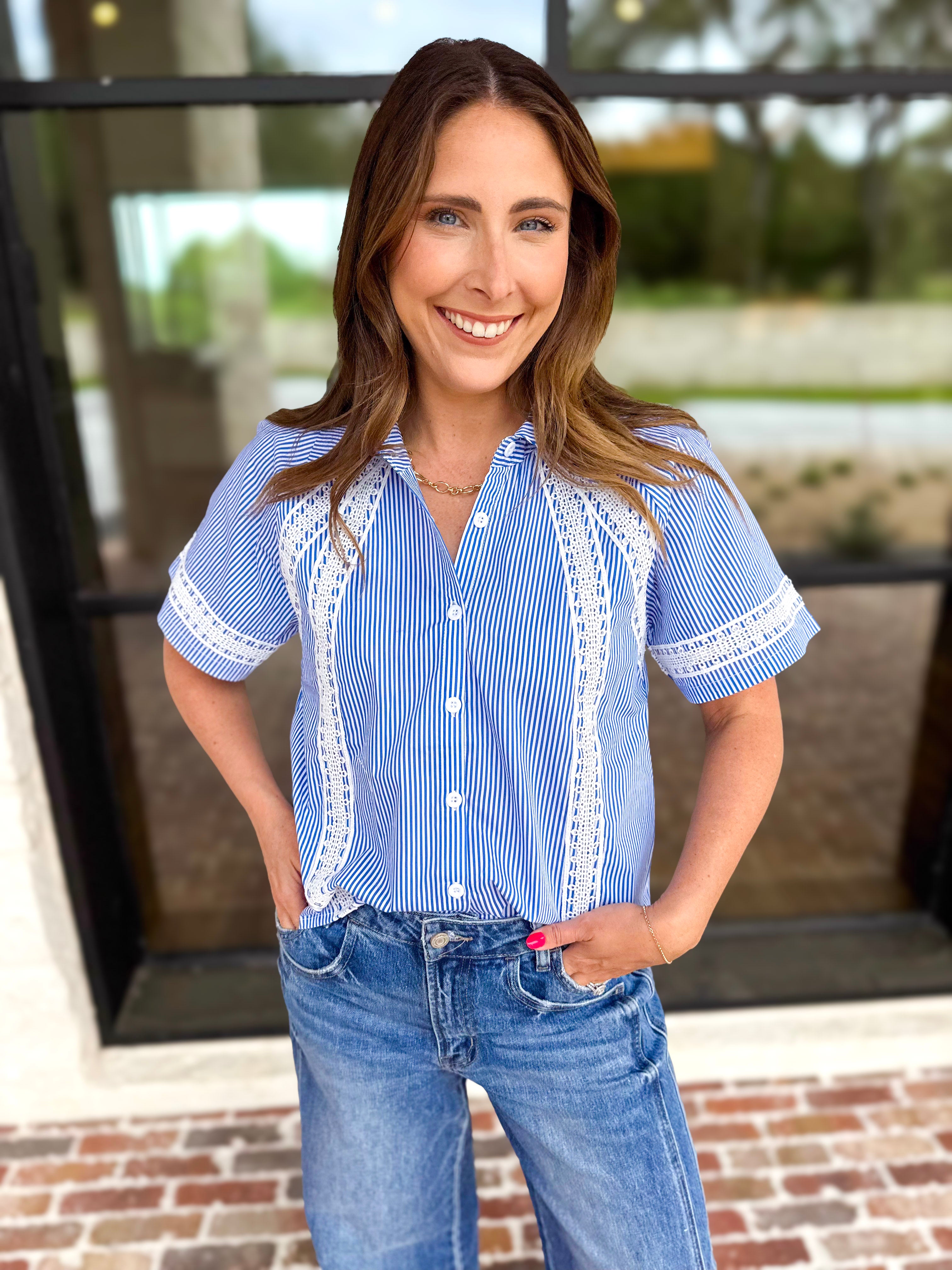 Crochet Blue Pinstripe Blouse-200 Fashion Blouses-JODIFL-July & June Women's Fashion Boutique Located in San Antonio, Texas