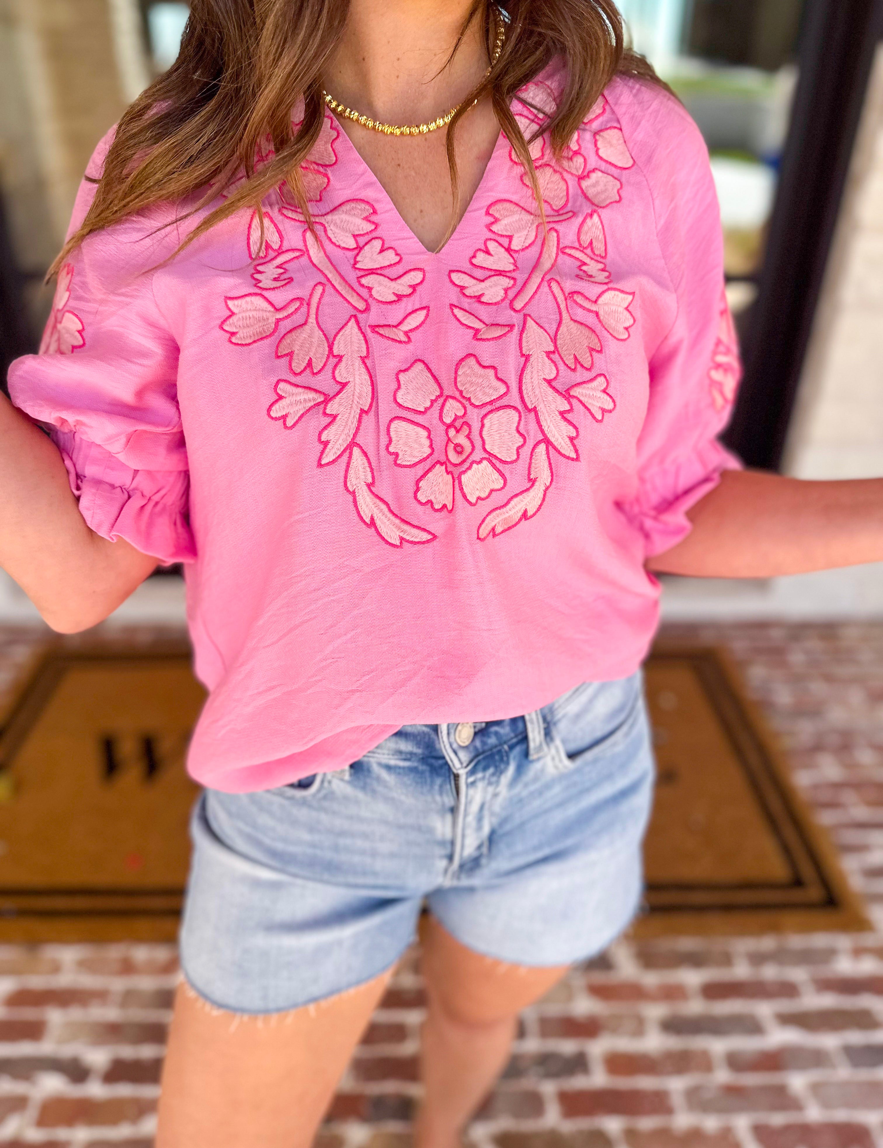 THML - Hot Pink Embroidered Blouse-200 Fashion Blouses-THML-July & June Women's Fashion Boutique Located in San Antonio, Texas