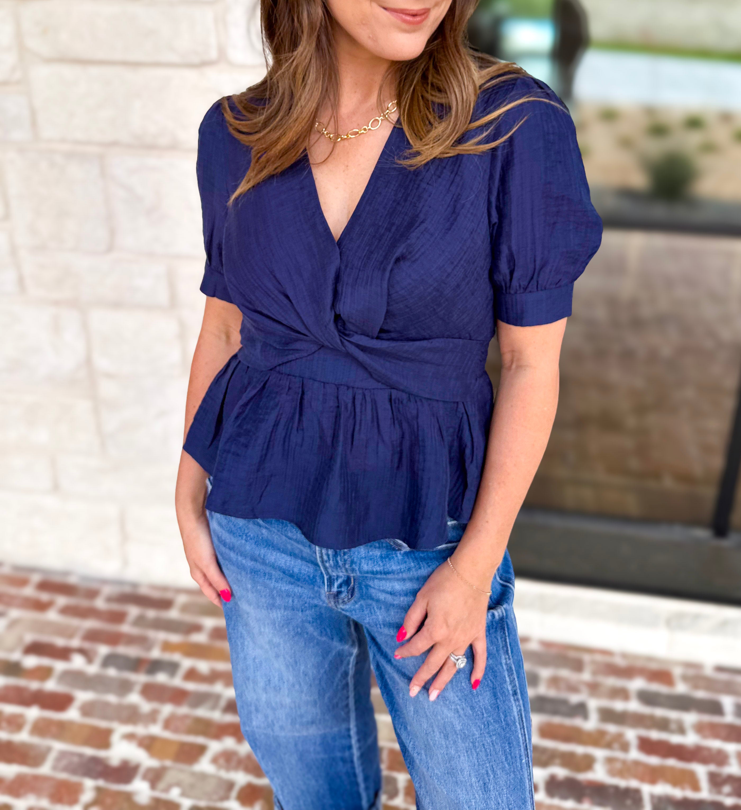 Current Air - Navy Twist Peplum Blouse-200 Fashion Blouses-CURRENT AIR CLOTHING-July & June Women's Fashion Boutique Located in San Antonio, Texas