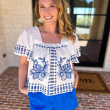 Tropical Blue Embroidered Blouse-200 Fashion Blouses-FATE-July & June Women's Fashion Boutique Located in San Antonio, Texas