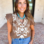 THML - Nutmeg Embroidered Flutter Sleeve Blouse-200 Fashion Blouses-THML-July & June Women's Fashion Boutique Located in San Antonio, Texas