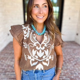 THML - Nutmeg Embroidered Flutter Sleeve Blouse-200 Fashion Blouses-THML-July & June Women's Fashion Boutique Located in San Antonio, Texas