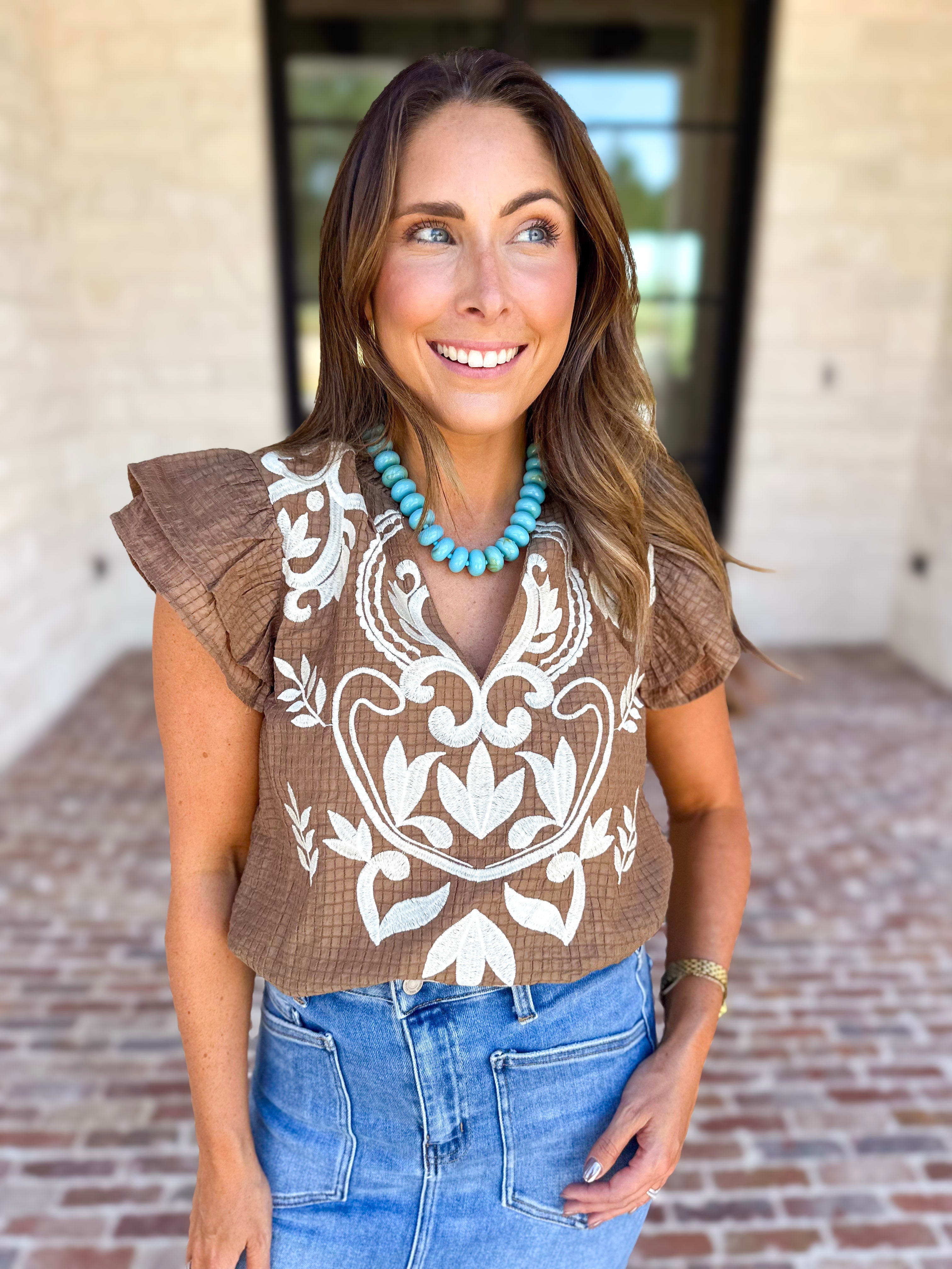 THML - Nutmeg Embroidered Flutter Sleeve Blouse-200 Fashion Blouses-THML-July & June Women's Fashion Boutique Located in San Antonio, Texas