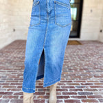 Vervet - Patch Pocket Denim Midi Skirt-410 Shorts/Skirts-VEVERT BY FLYING MONKEY-July & June Women's Fashion Boutique Located in San Antonio, Texas