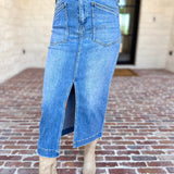 Vervet - Patch Pocket Denim Midi Skirt-410 Shorts/Skirts-VEVERT BY FLYING MONKEY-July & June Women's Fashion Boutique Located in San Antonio, Texas