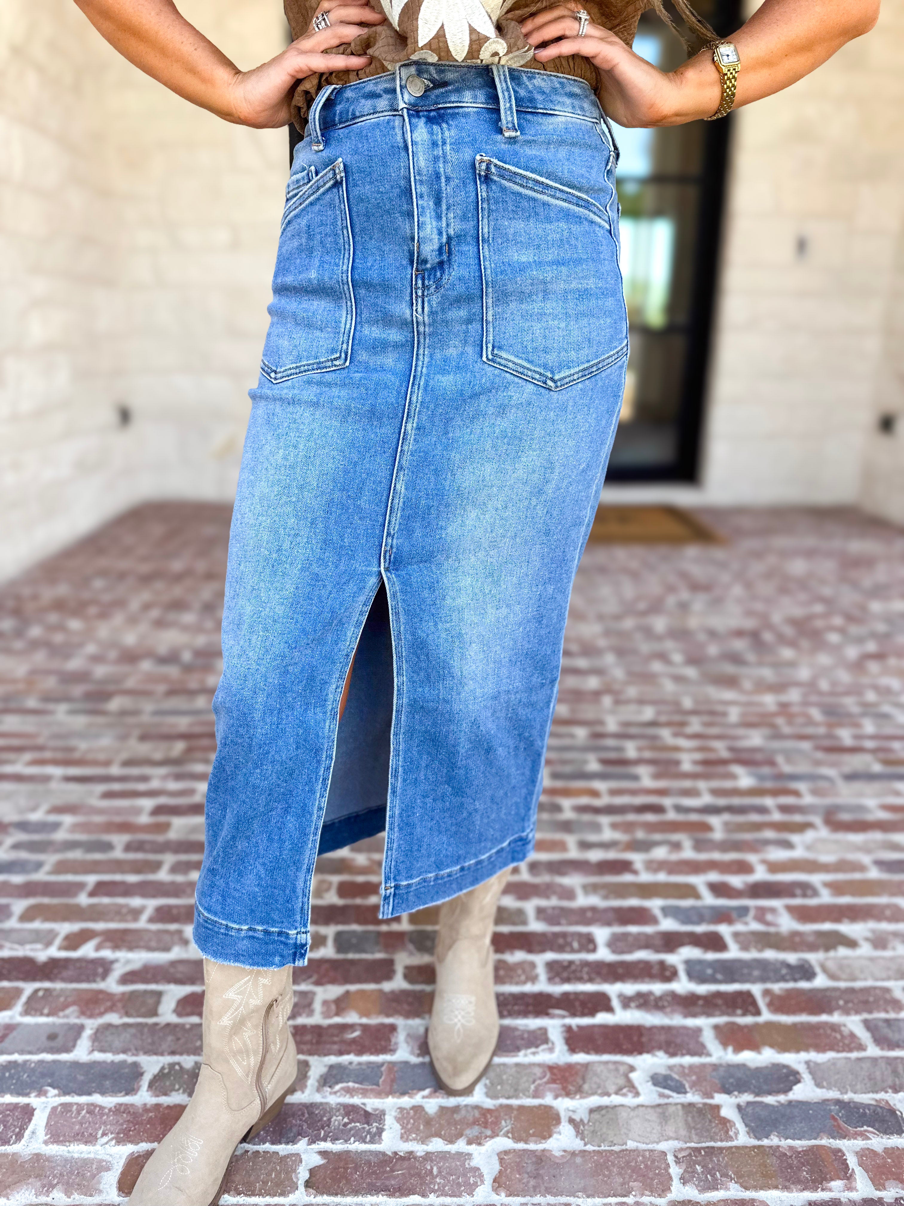 Vervet - Patch Pocket Denim Midi Skirt-410 Shorts/Skirts-VEVERT BY FLYING MONKEY-July & June Women's Fashion Boutique Located in San Antonio, Texas