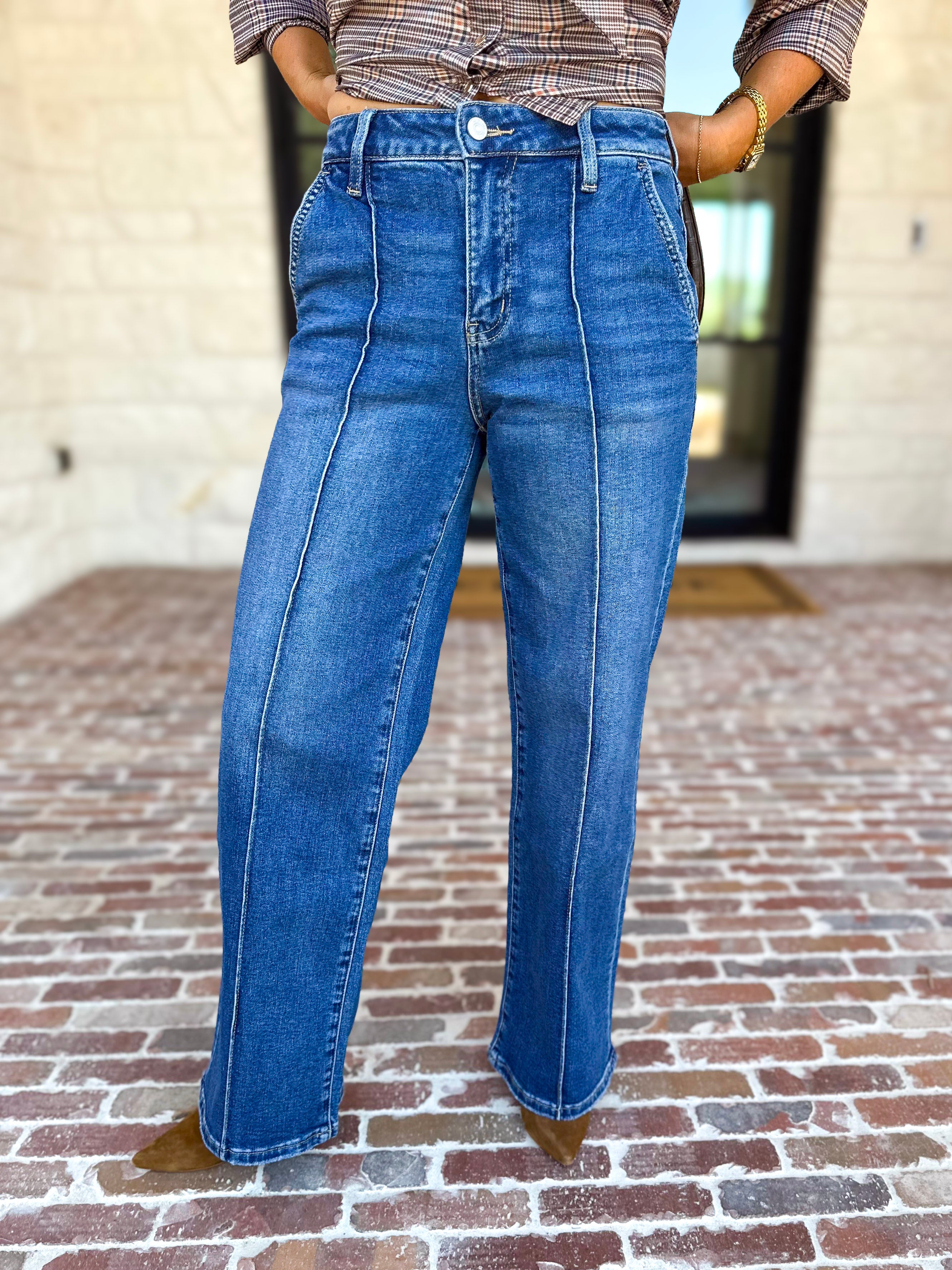 Vervet - Pin Tick High Rise Wide Leg Jeans-420 Denim-VEVERT BY FLYING MONKEY-July & June Women's Fashion Boutique Located in San Antonio, Texas