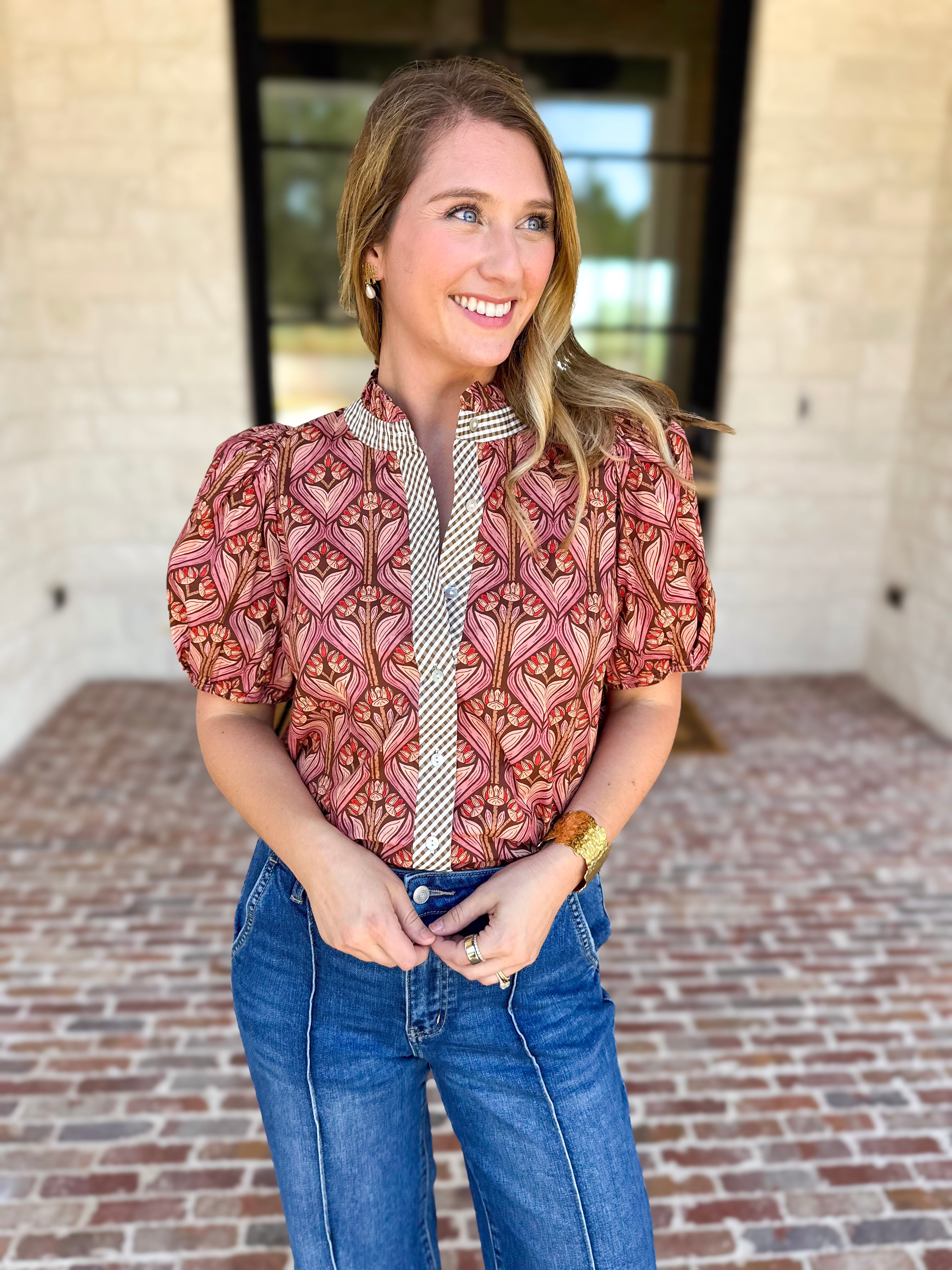 Rosewood Puff Sleeve Blouse-200 Fashion Blouses-ENTRO-July & June Women's Fashion Boutique Located in San Antonio, Texas