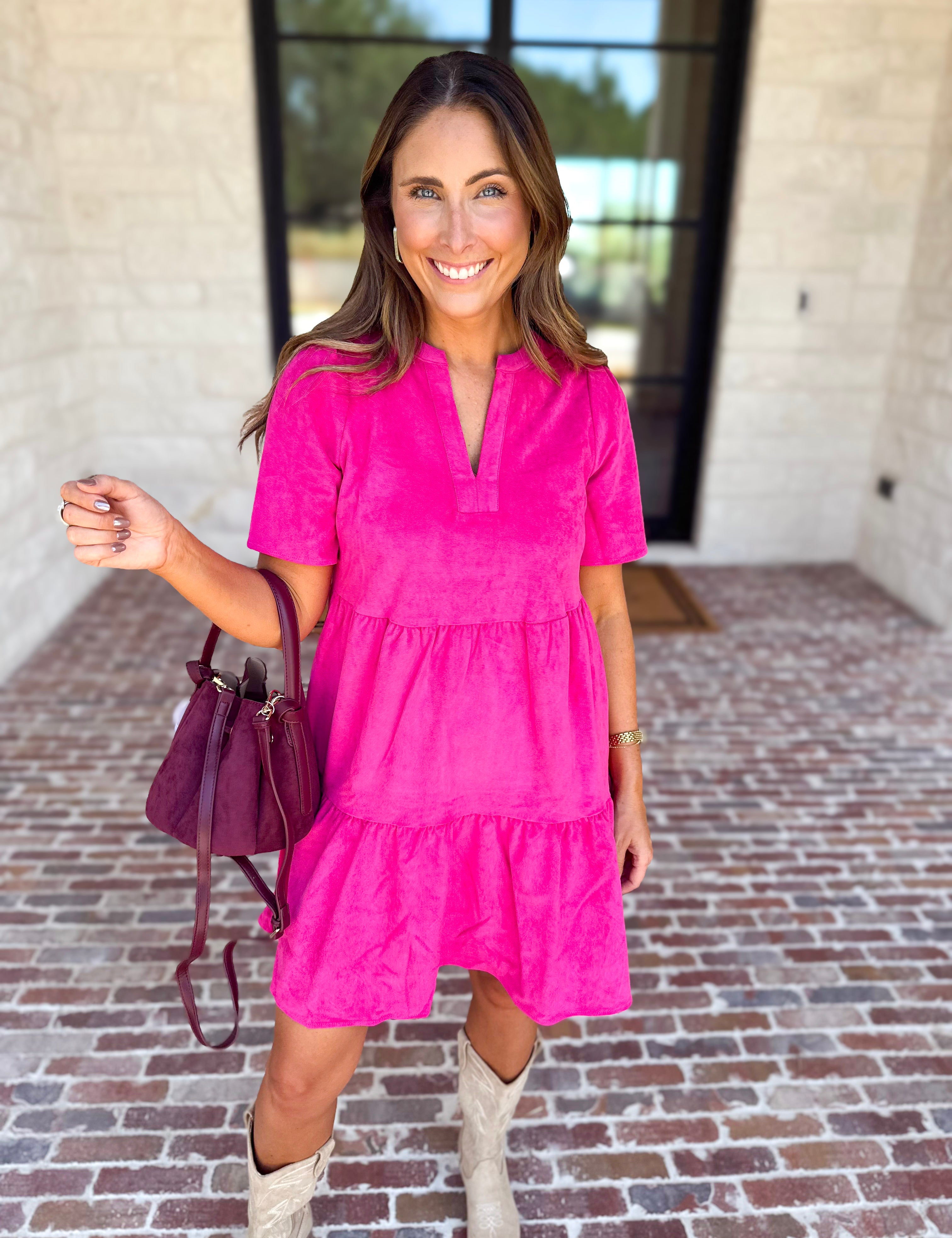 Mary Square - Soft Suede Mini Dress - Hot Pink-510 Mini-MARY SQUARE-July & June Women's Fashion Boutique Located in San Antonio, Texas