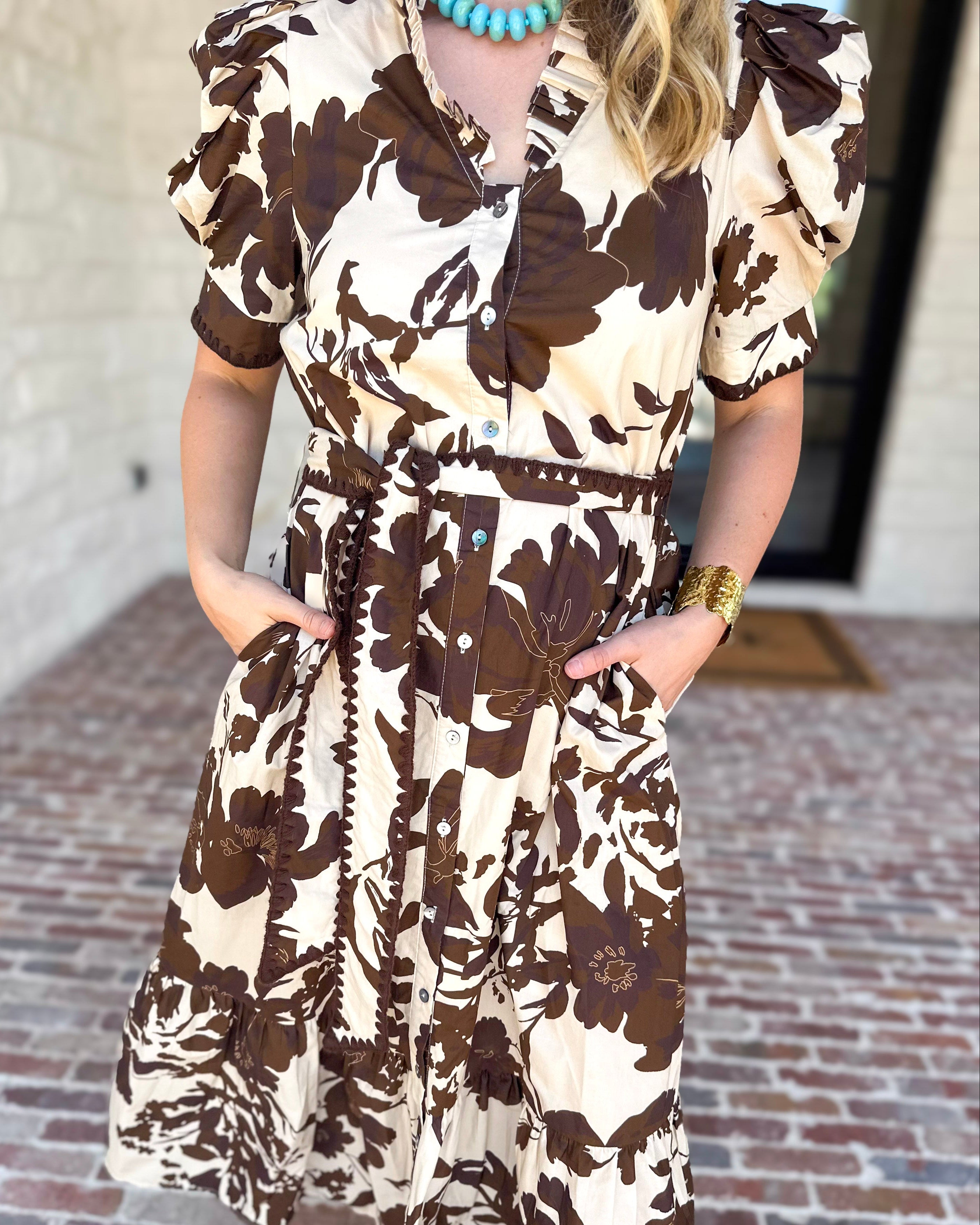 Mocha Magnolia Midi Dress-500 Midi-ENTRO-July & June Women's Fashion Boutique Located in San Antonio, Texas
