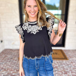 THML - Black Flutter Sleeve Embroidered Blouse-200 Fashion Blouses-THML-July & June Women's Fashion Boutique Located in San Antonio, Texas