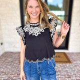 THML - Black Flutter Sleeve Embroidered Blouse-200 Fashion Blouses-THML-July & June Women's Fashion Boutique Located in San Antonio, Texas