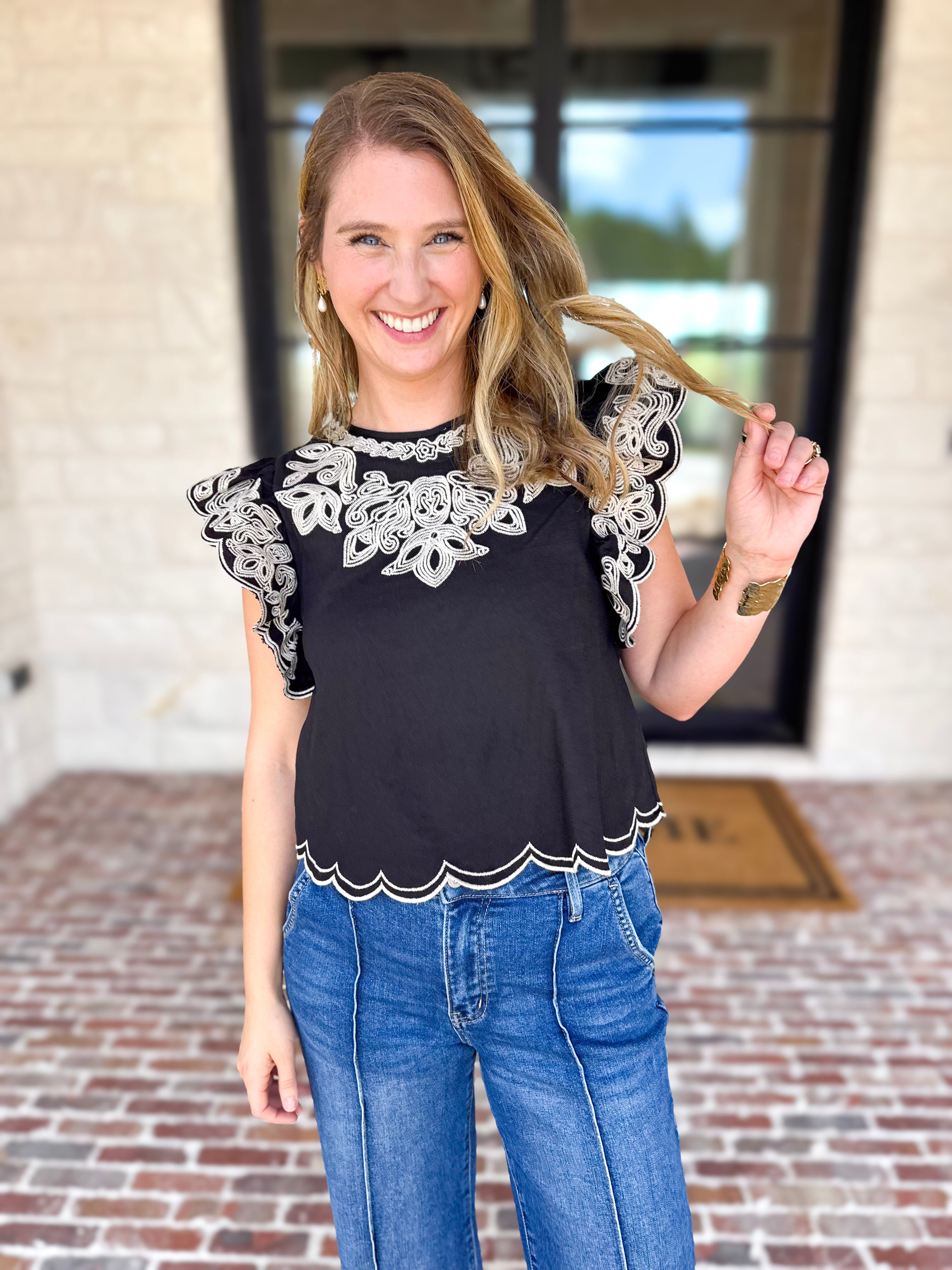 THML - Black Flutter Sleeve Embroidered Blouse-200 Fashion Blouses-THML-July & June Women's Fashion Boutique Located in San Antonio, Texas