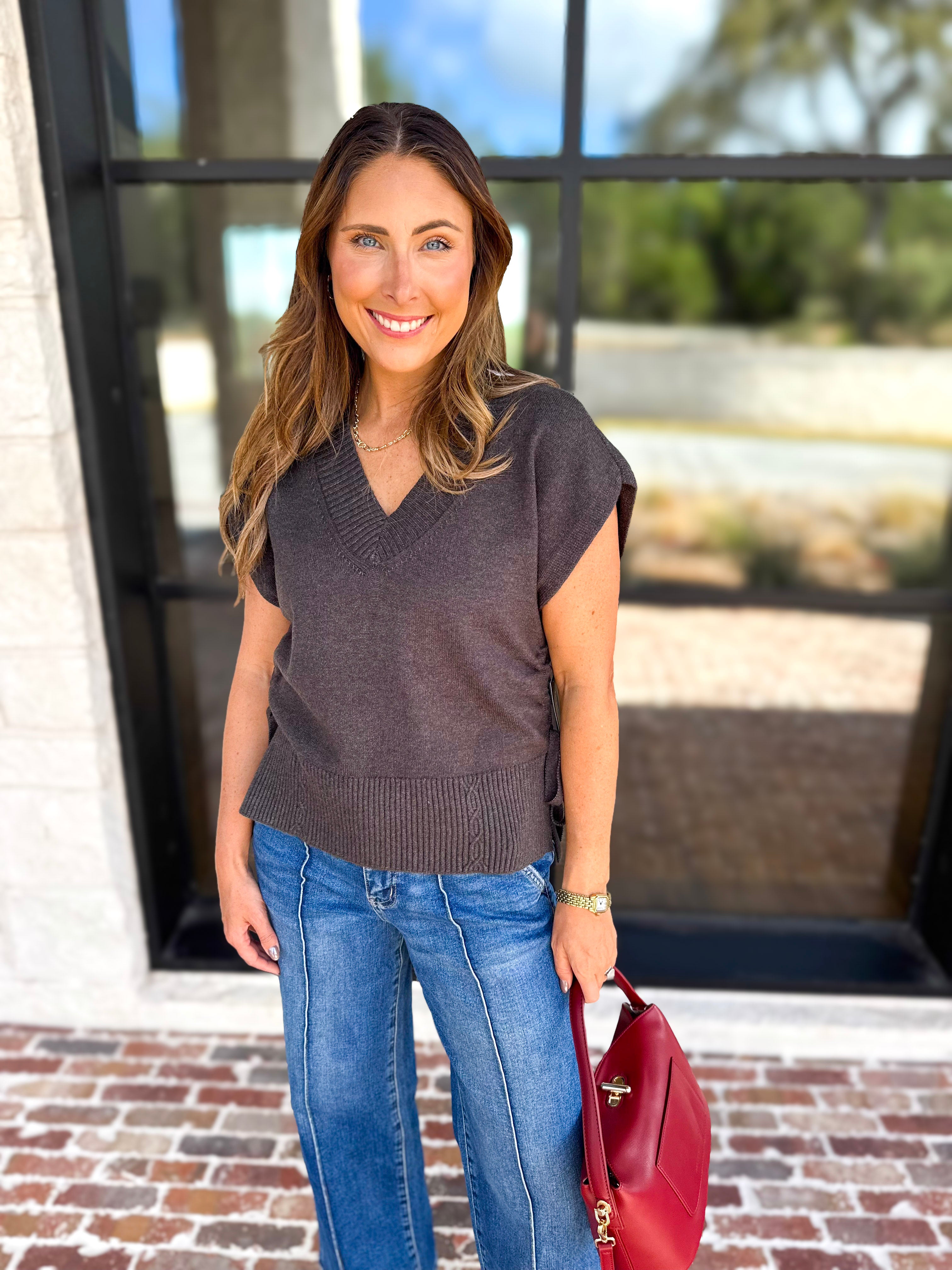 Liverpool - V-Neck Cinch Knit Top - Charcoal-230 Sweaters/Cardis-LIVERPOOL JEANS COMPANY-July & June Women's Fashion Boutique Located in San Antonio, Texas