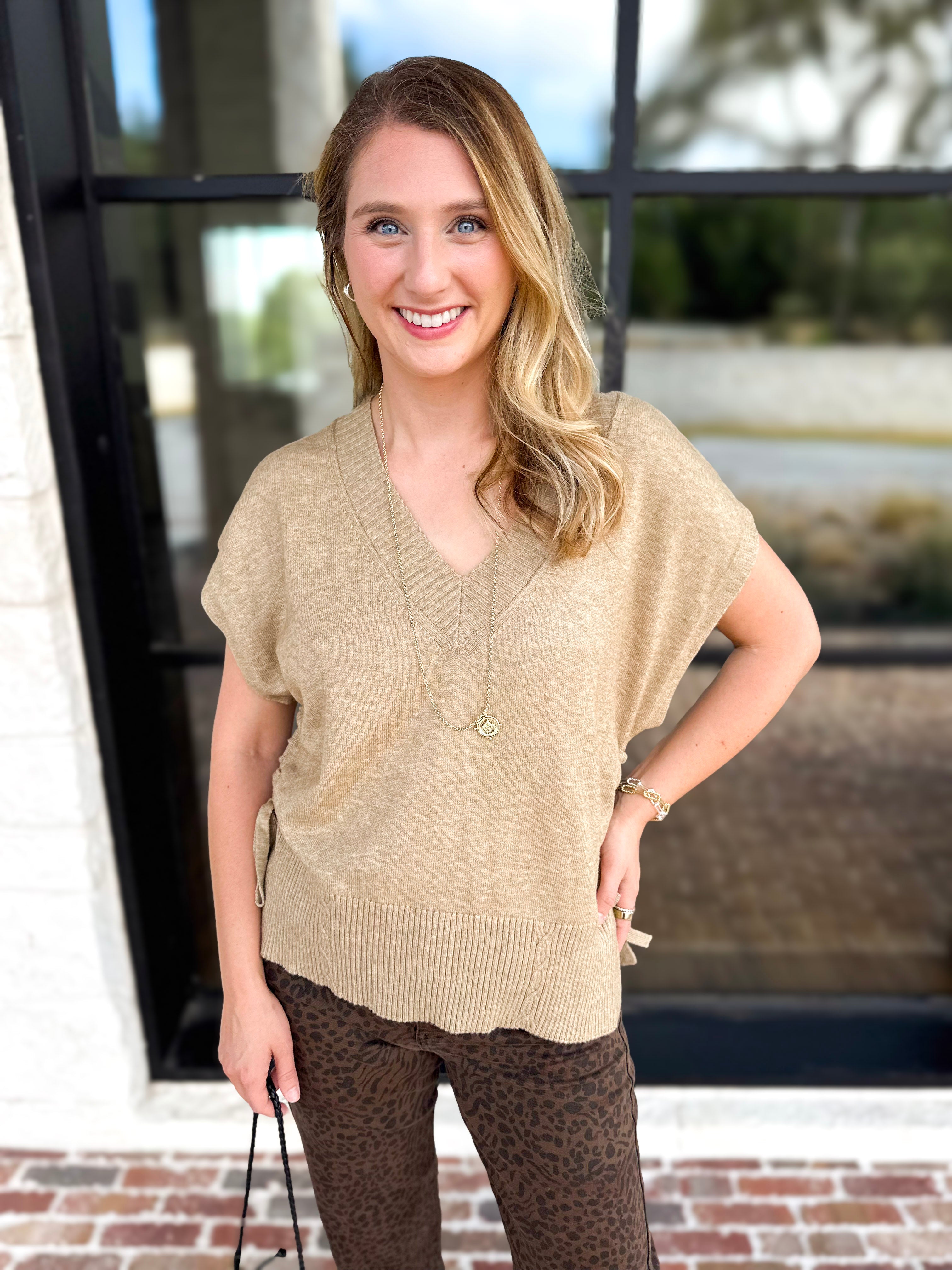 Liverpool - V-Neck Cinch Knit Top - Toasted Tan-230 Sweaters/Cardis-LIVERPOOL JEANS COMPANY-July & June Women's Fashion Boutique Located in San Antonio, Texas