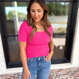 Ribbed Square Neck Knit Top - Hot Pink-230 Sweaters/Cardis-ALLIE ROSE-July & June Women's Fashion Boutique Located in San Antonio, Texas