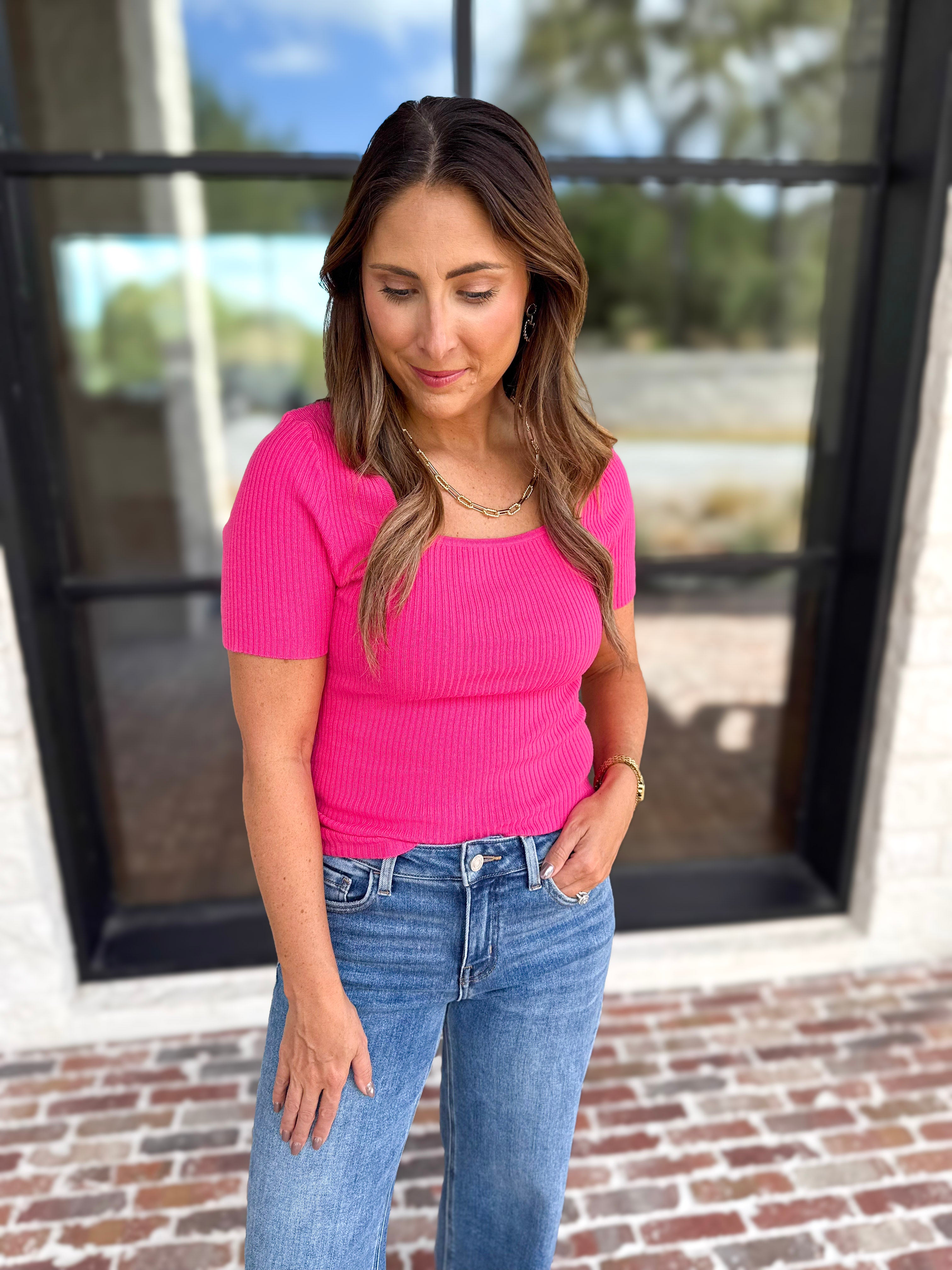 Ribbed Square Neck Knit Top - Hot Pink-230 Sweaters/Cardis-ALLIE ROSE-July & June Women's Fashion Boutique Located in San Antonio, Texas